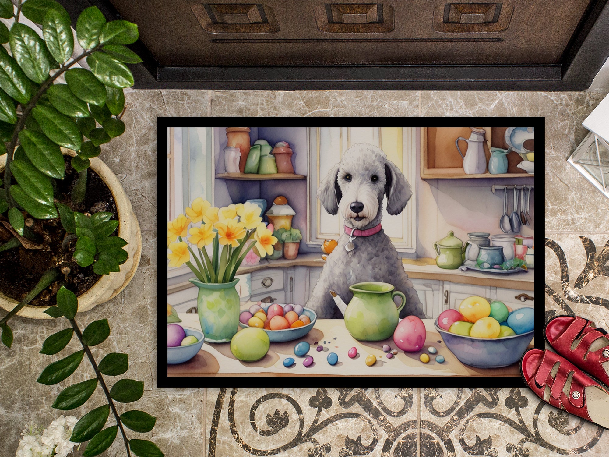 Decorating Easter Bedlington Terrier Doormat