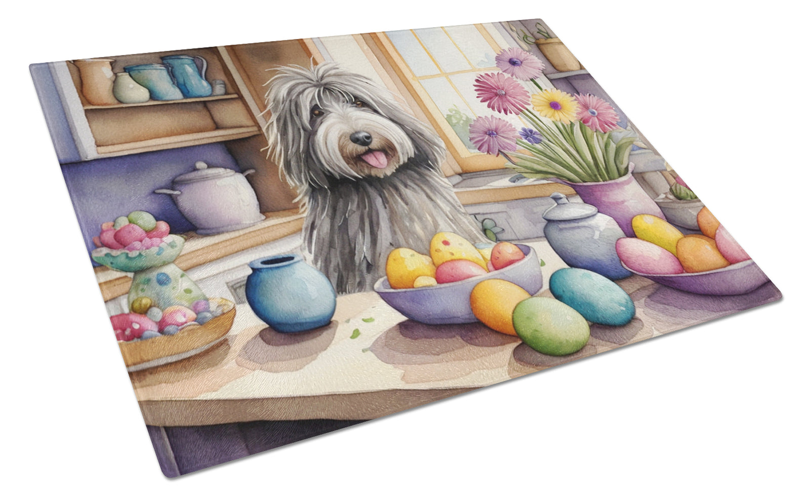 Buy this Decorating Easter Bergamasco Sheepdog Glass Cutting Board