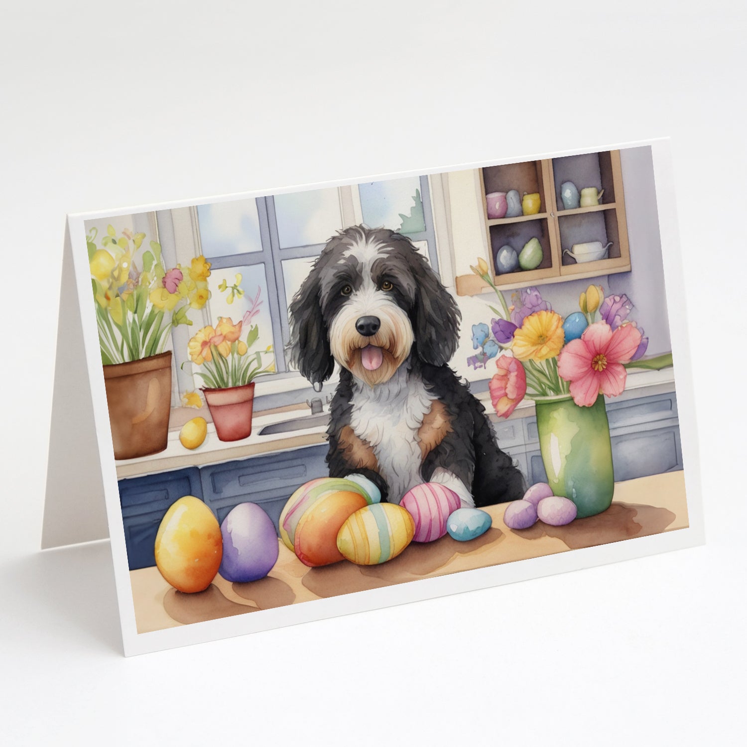 Buy this Decorating Easter Bernedoodle Greeting Cards Pack of 8