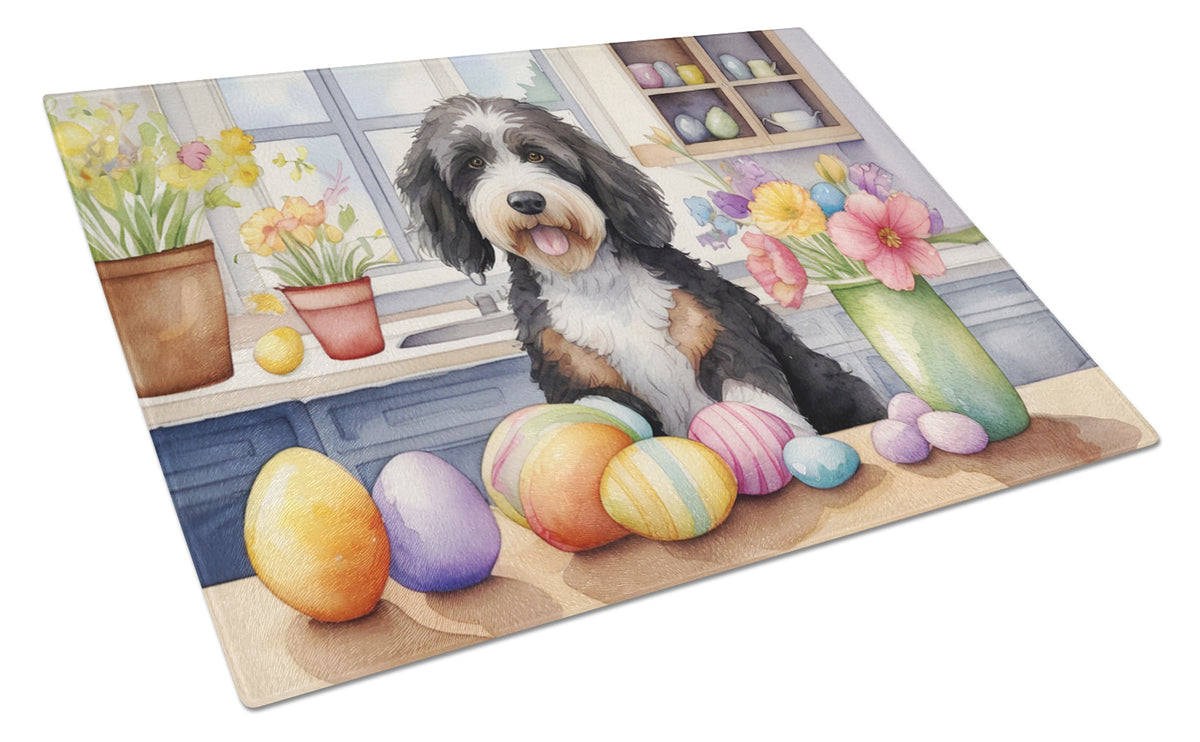 Buy this Decorating Easter Bernedoodle Glass Cutting Board