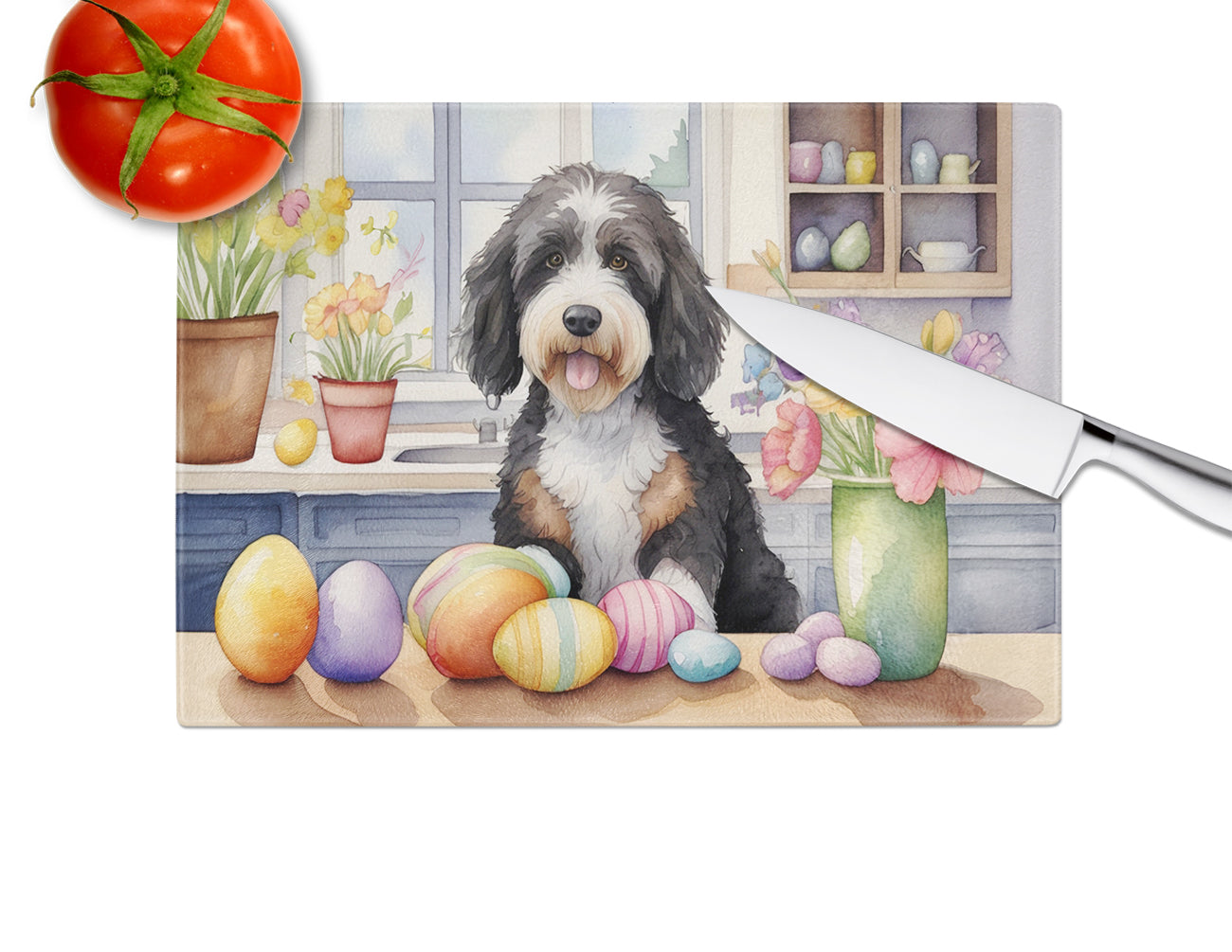 Decorating Easter Bernedoodle Glass Cutting Board