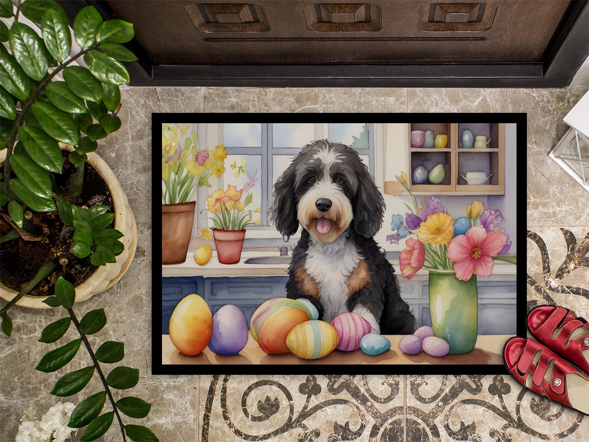 Decorating Easter Bernedoodle Doormat