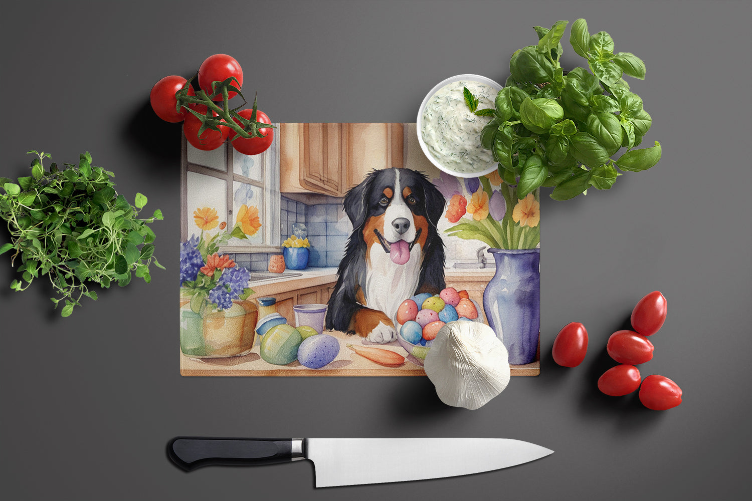Decorating Easter Bernese Mountain Dog Glass Cutting Board
