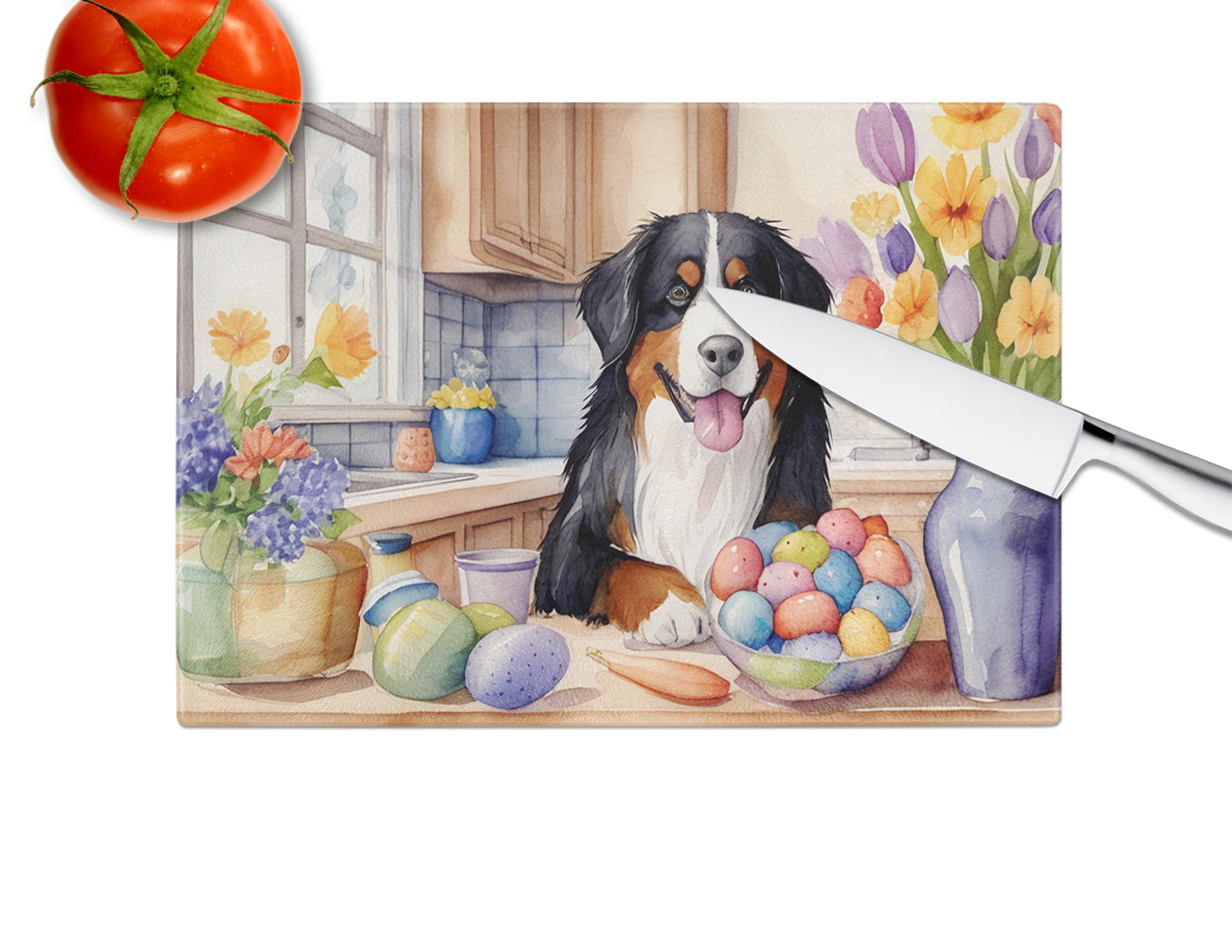 Decorating Easter Bernese Mountain Dog Glass Cutting Board