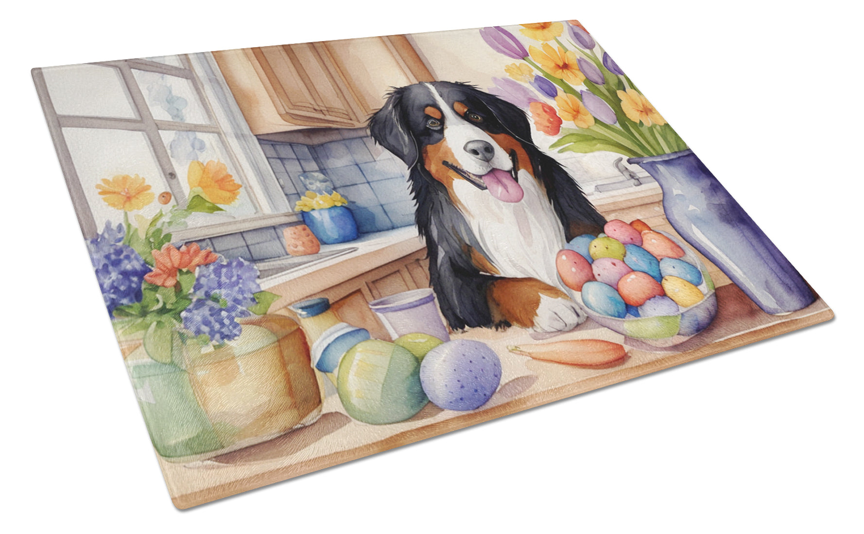 Buy this Decorating Easter Bernese Mountain Dog Glass Cutting Board