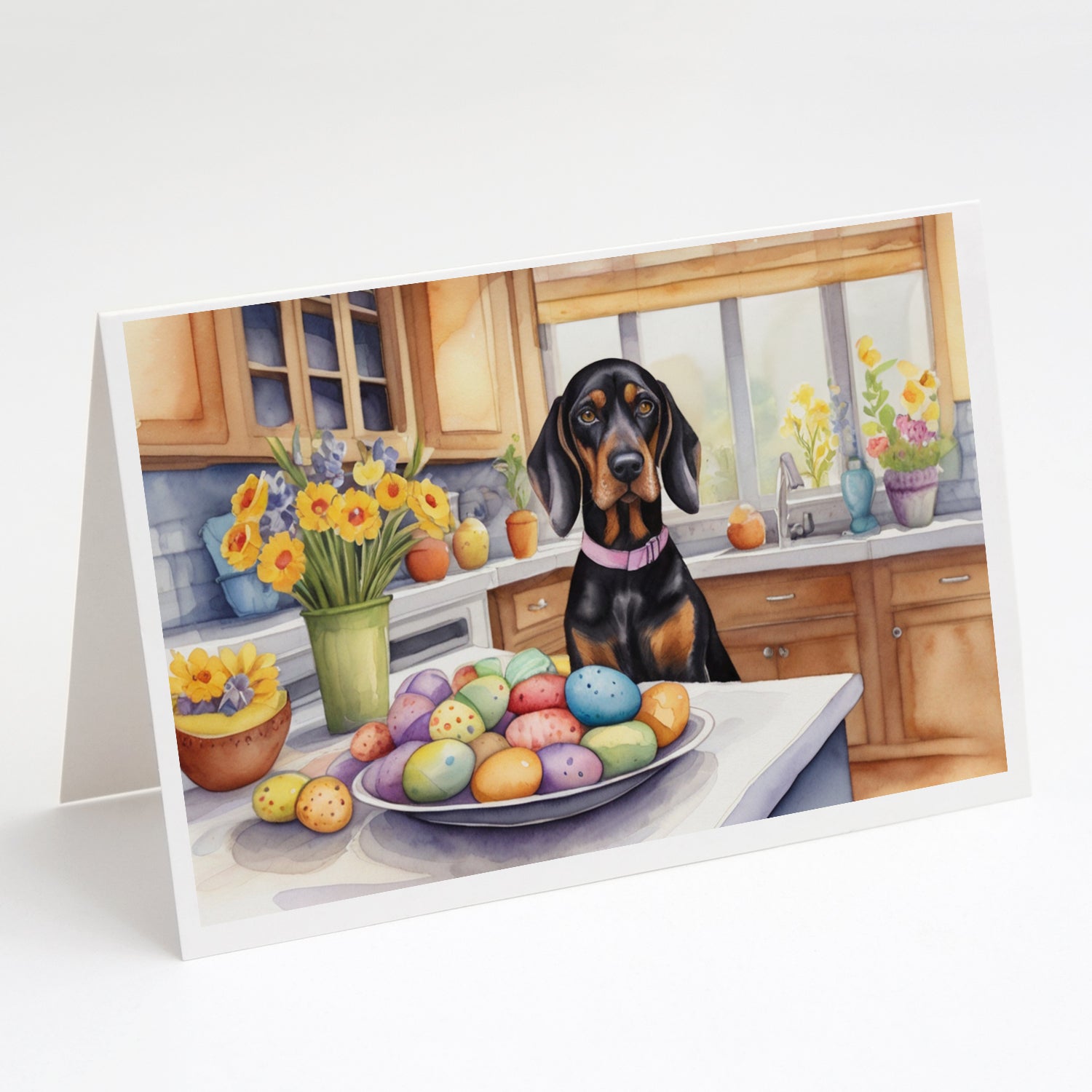 Buy this Decorating Easter Black and Tan Coonhound Greeting Cards Pack of 8