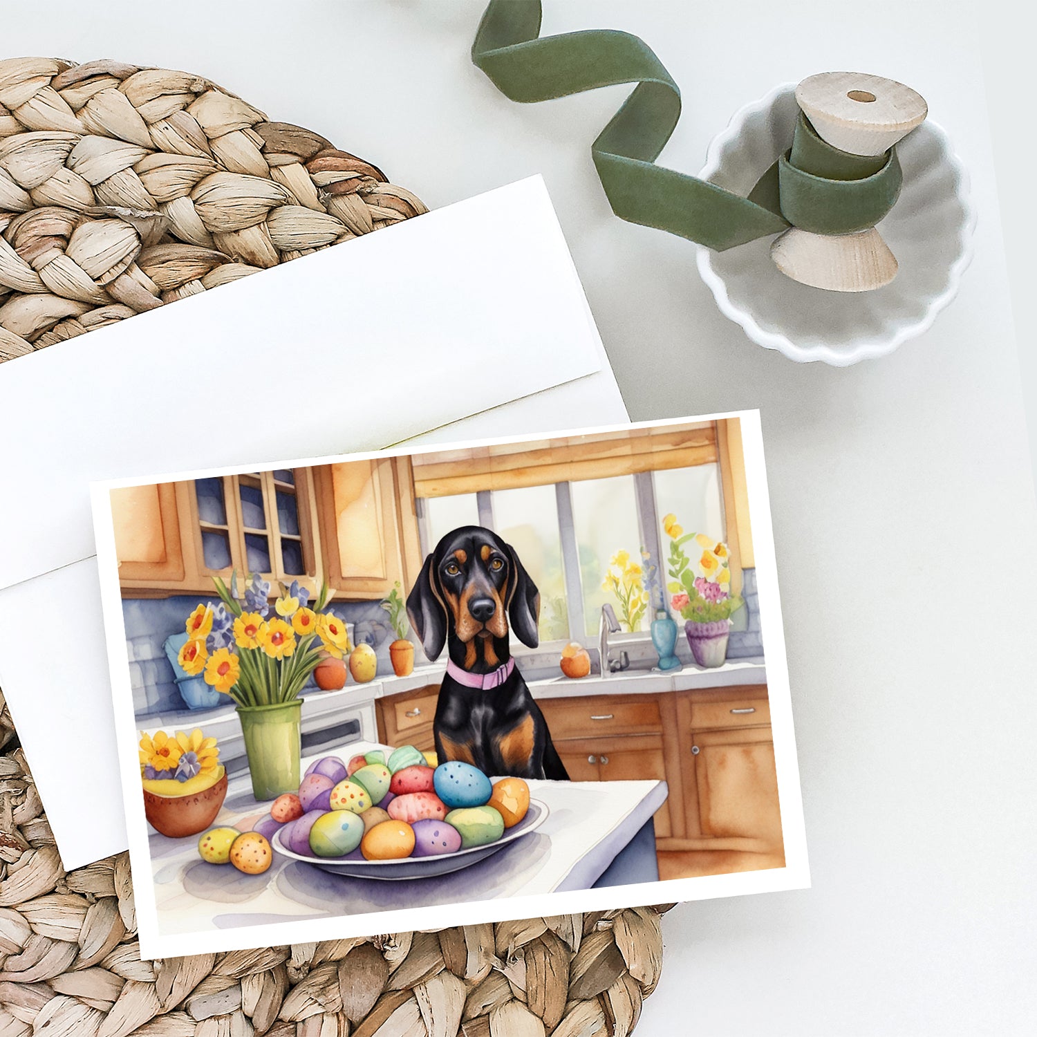 Decorating Easter Black and Tan Coonhound Greeting Cards Pack of 8