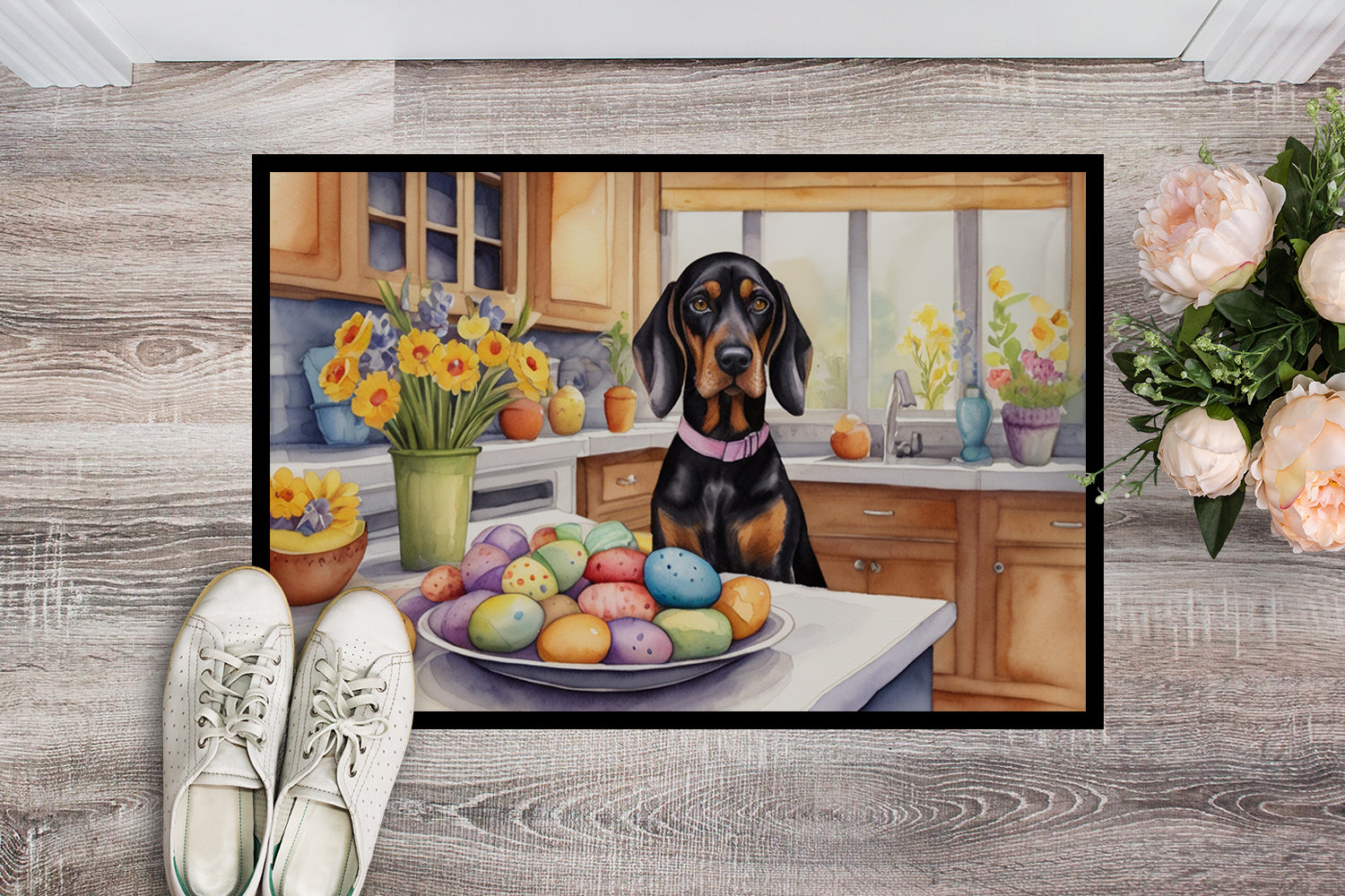 Buy this Decorating Easter Black and Tan Coonhound Doormat