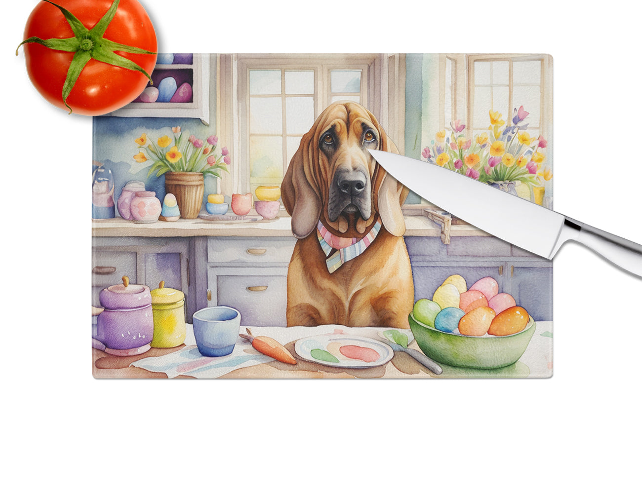 Decorating Easter Bloodhound Glass Cutting Board