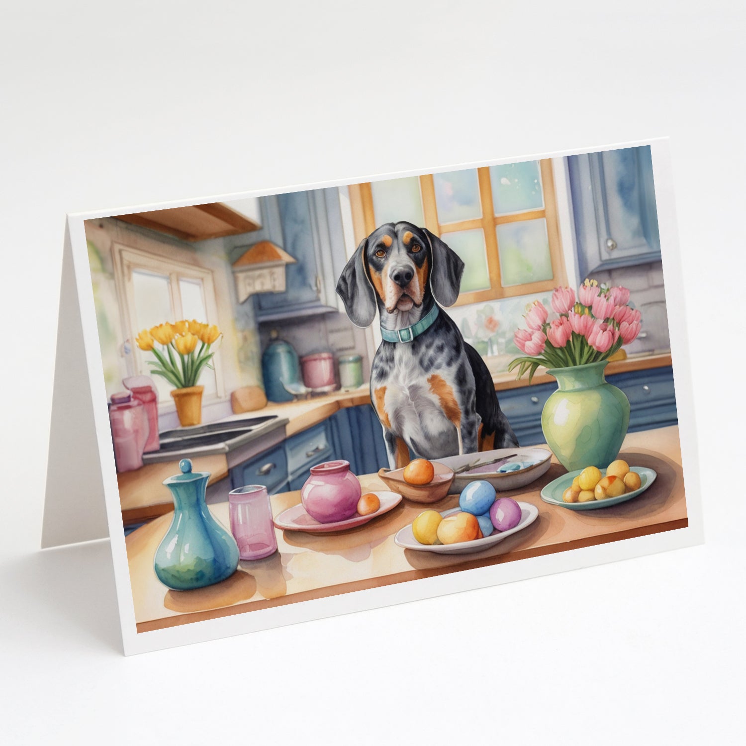 Buy this Decorating Easter Bluetick Coonhound Greeting Cards Pack of 8