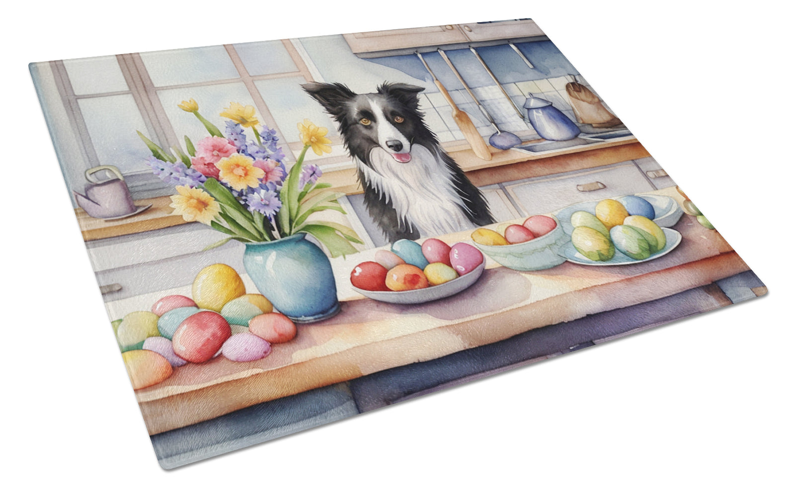 Buy this Decorating Easter Border Collie Glass Cutting Board