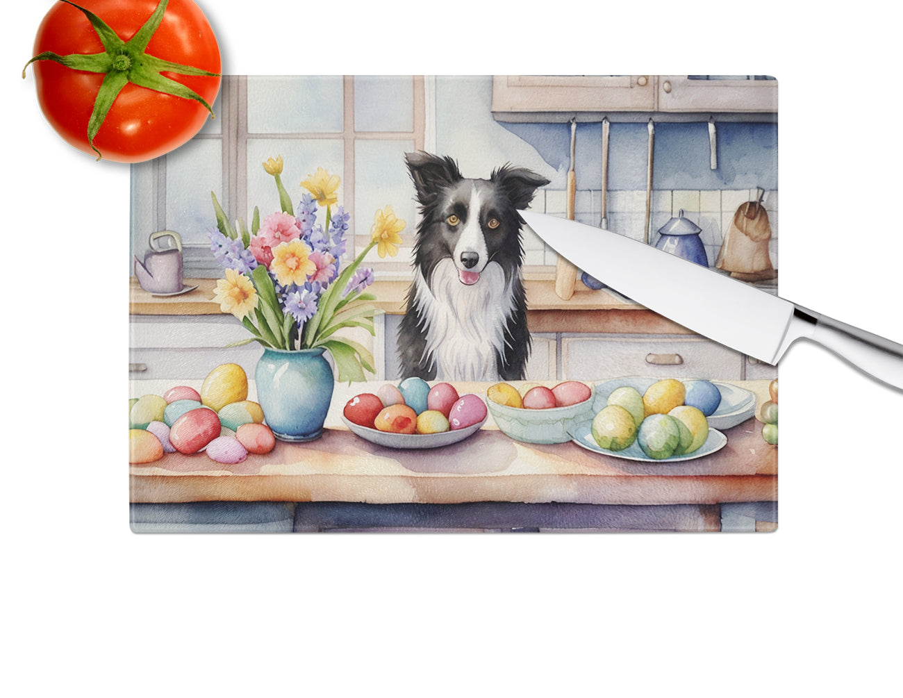 Decorating Easter Border Collie Glass Cutting Board