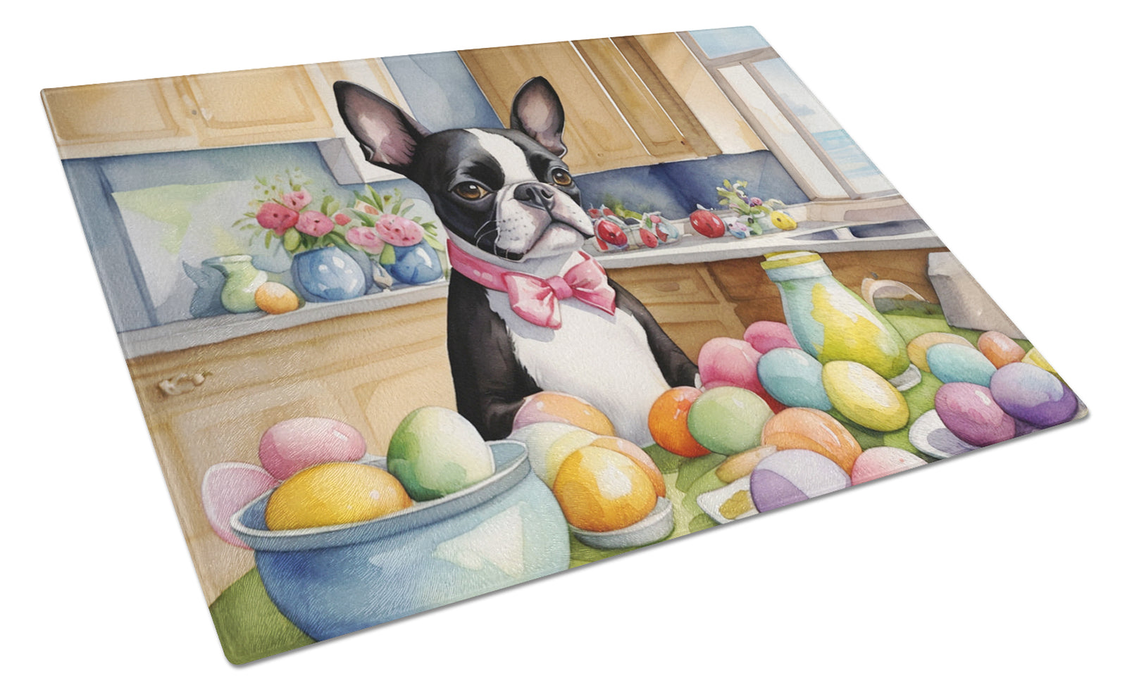 Buy this Decorating Easter Boston Terrier Glass Cutting Board