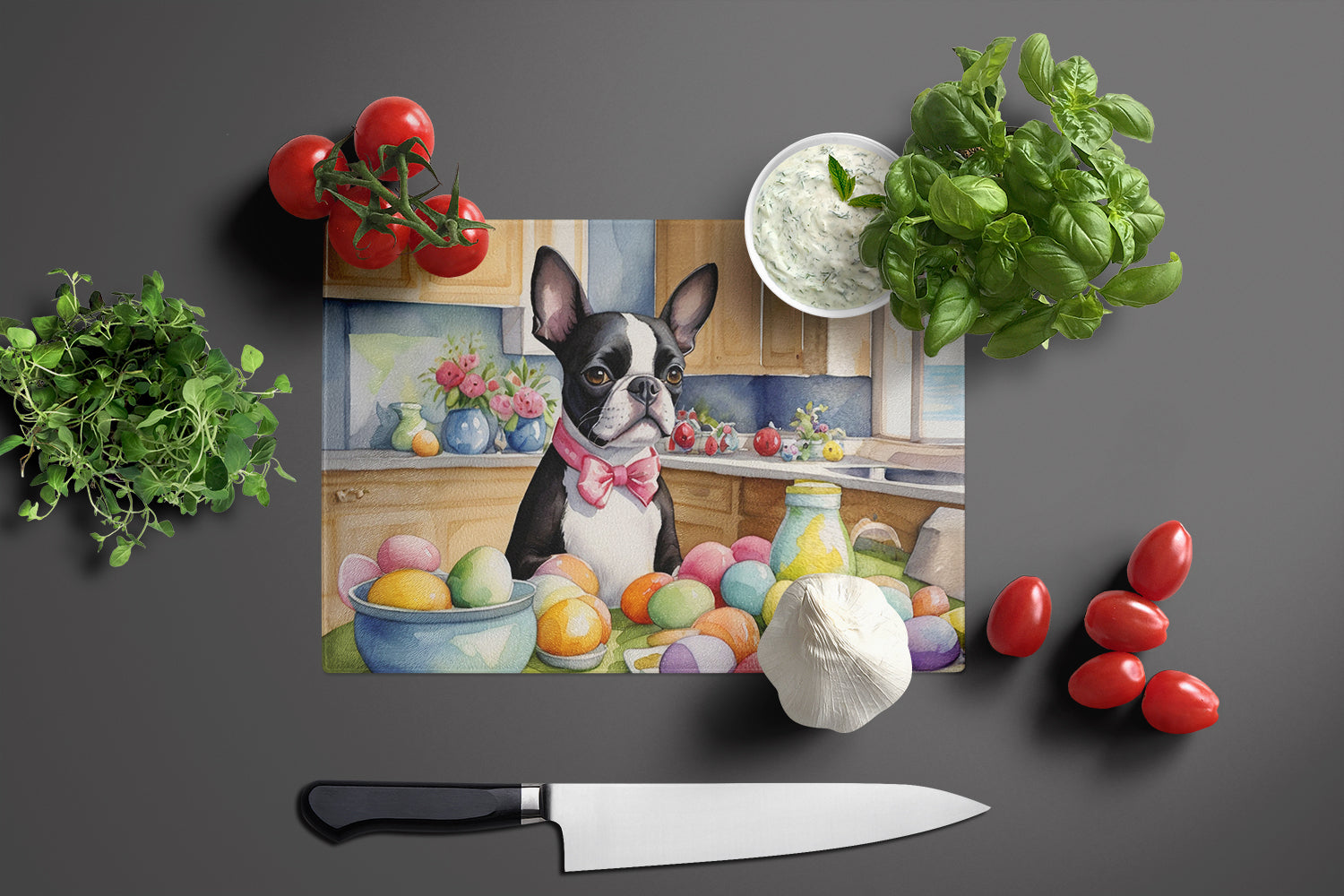 Decorating Easter Boston Terrier Glass Cutting Board
