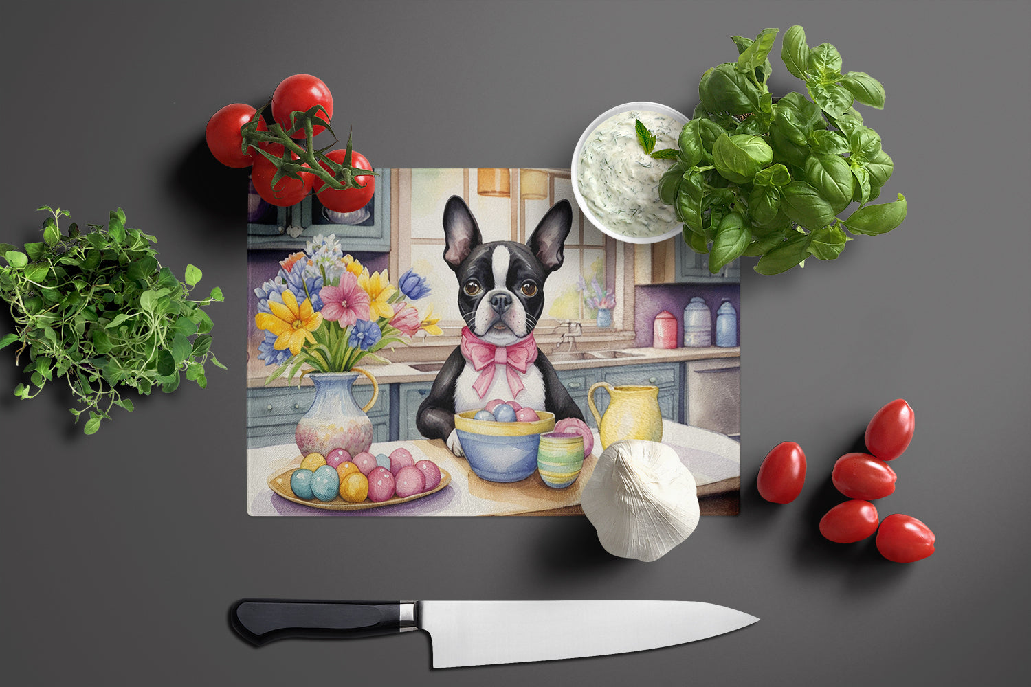 Decorating Easter Boston Terrier Glass Cutting Board