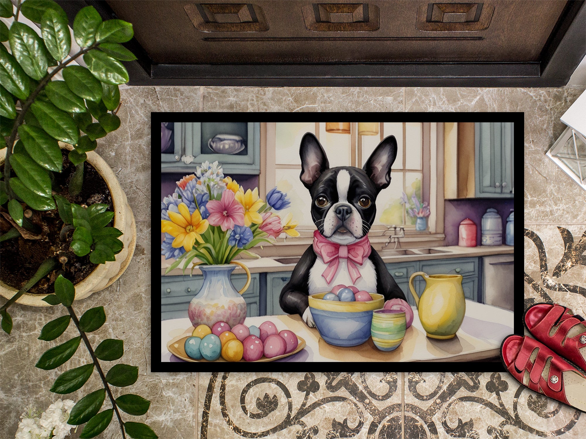 Decorating Easter Boston Terrier Doormat