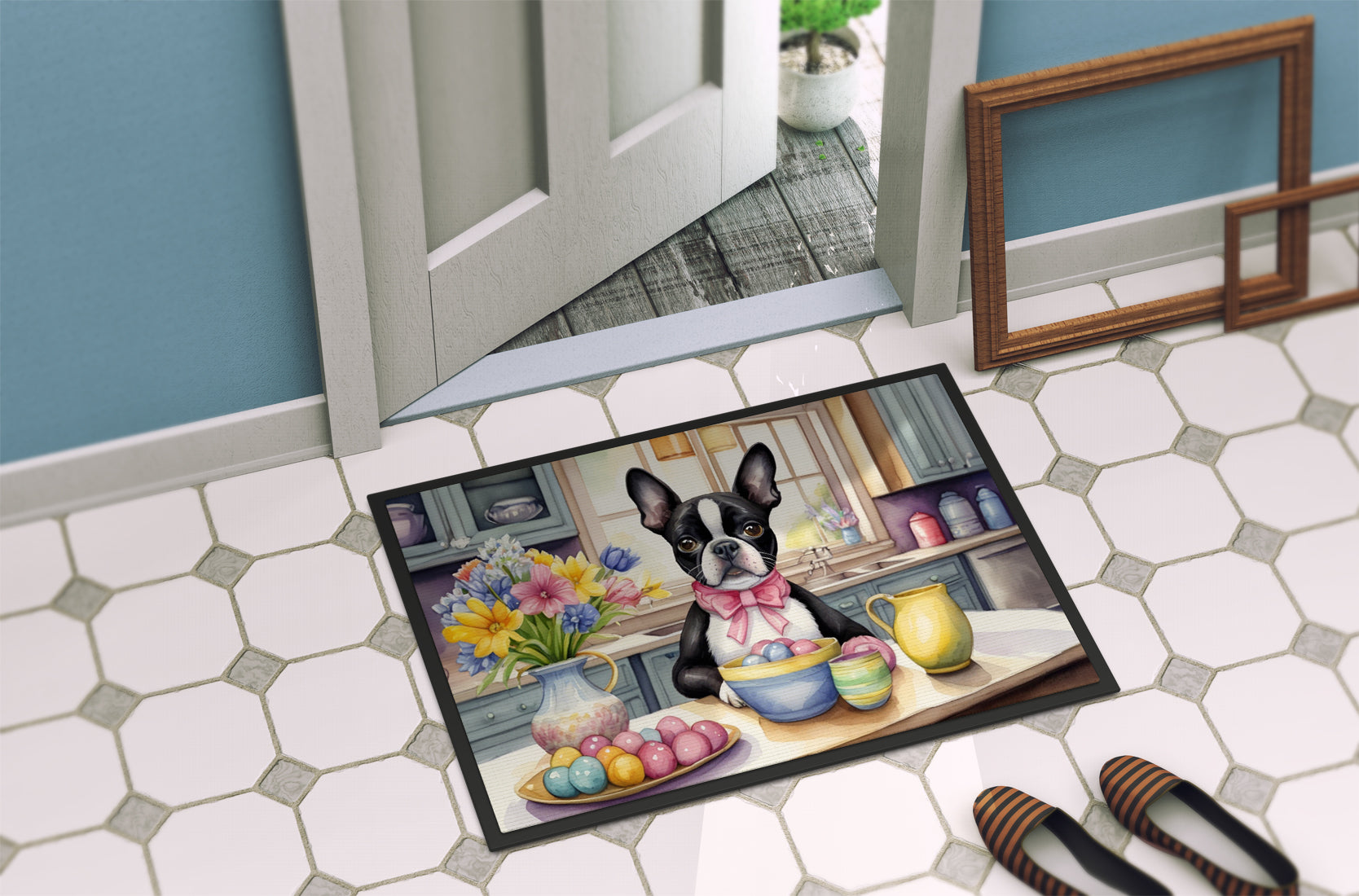 Decorating Easter Boston Terrier Doormat