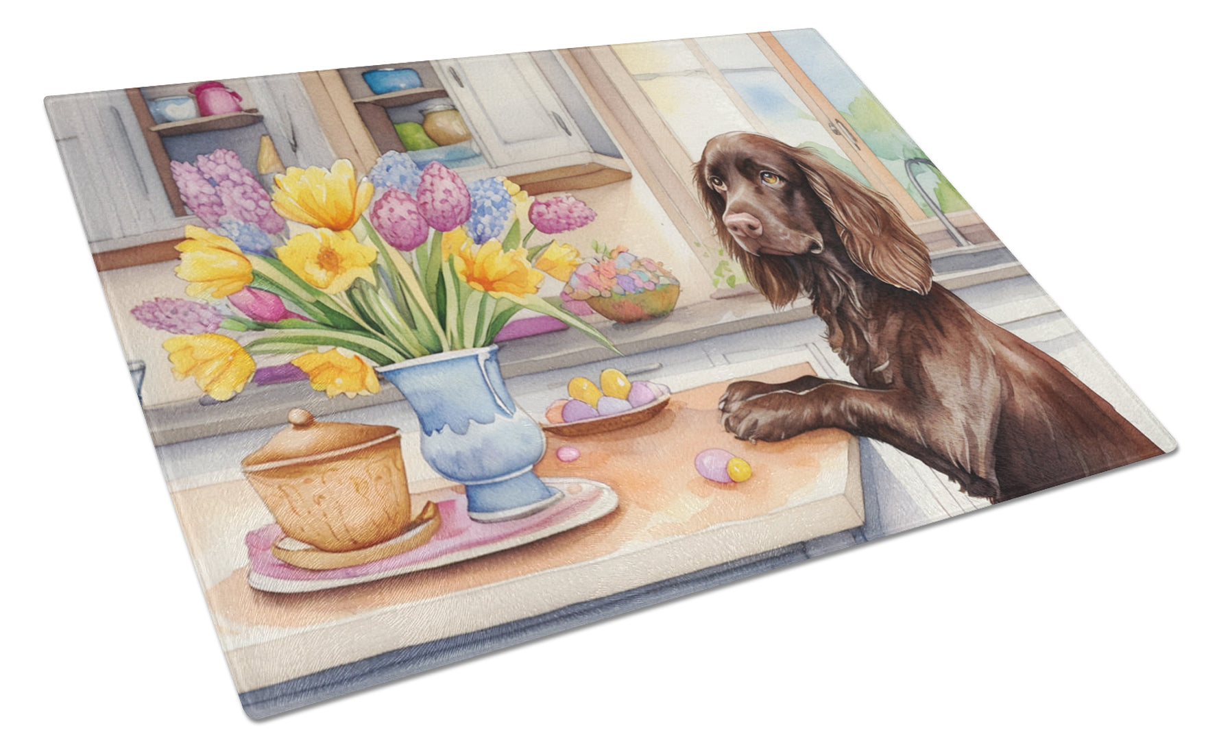 Buy this Decorating Easter Boykin Spaniel Glass Cutting Board