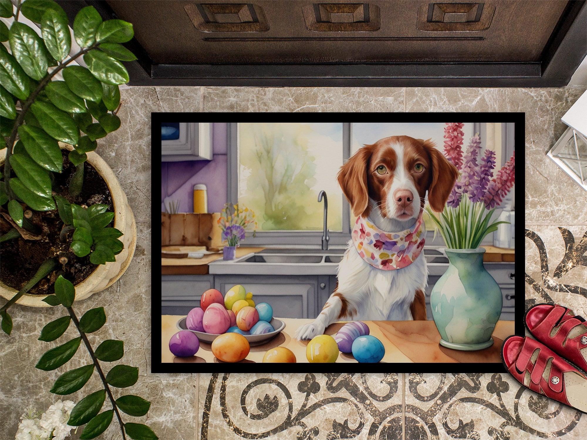 Decorating Easter Brittany Spaniel Doormat