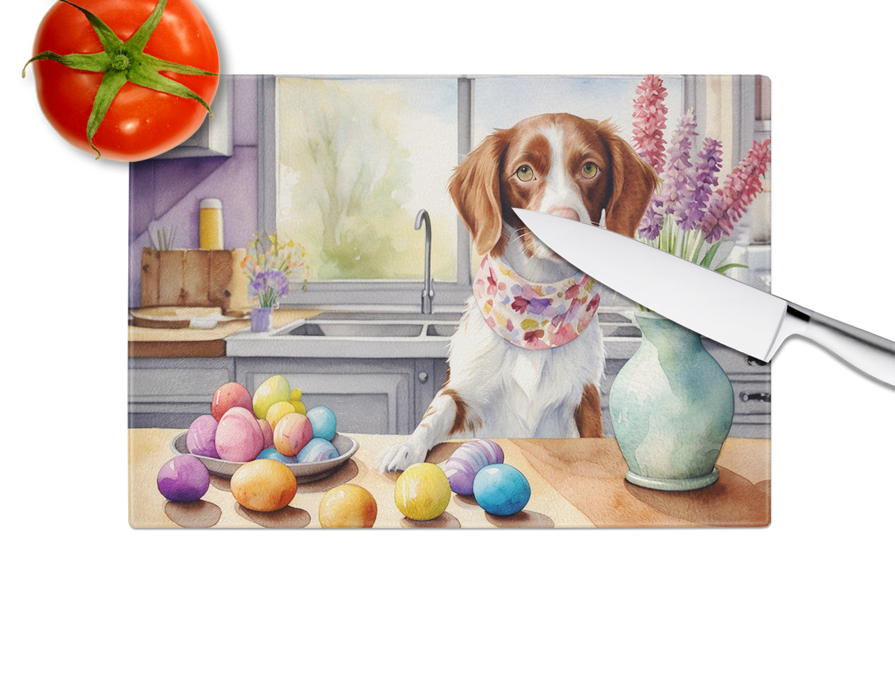 Decorating Easter Brittany Spaniel Glass Cutting Board
