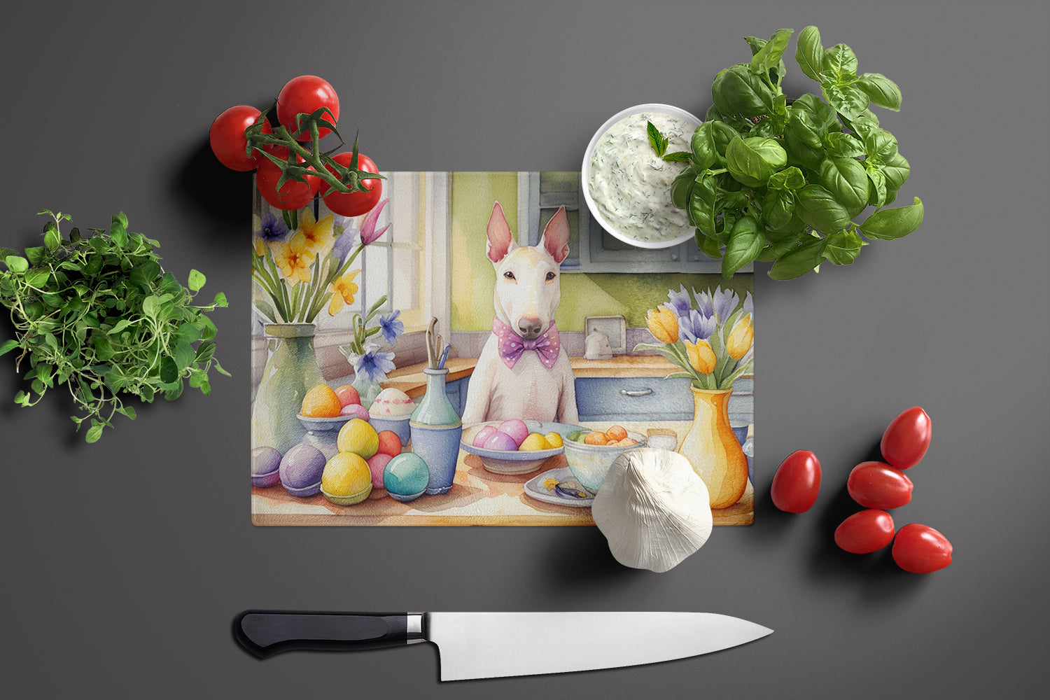 Decorating Easter Bull Terrier Glass Cutting Board