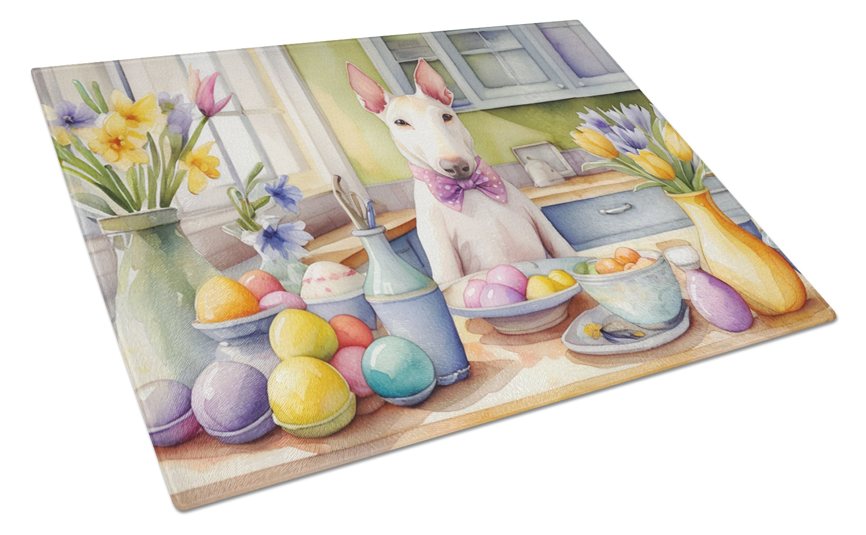 Buy this Decorating Easter Bull Terrier Glass Cutting Board