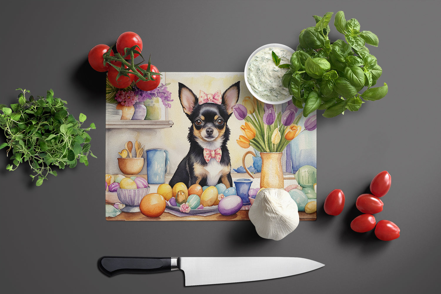 Decorating Easter Chihuahua Glass Cutting Board