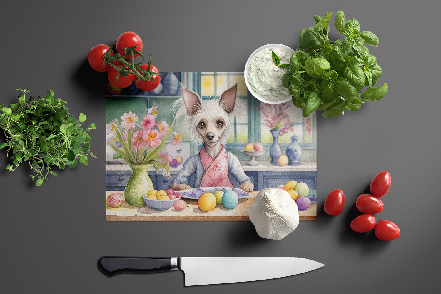 Decorating Easter Chinese Crested Glass Cutting Board