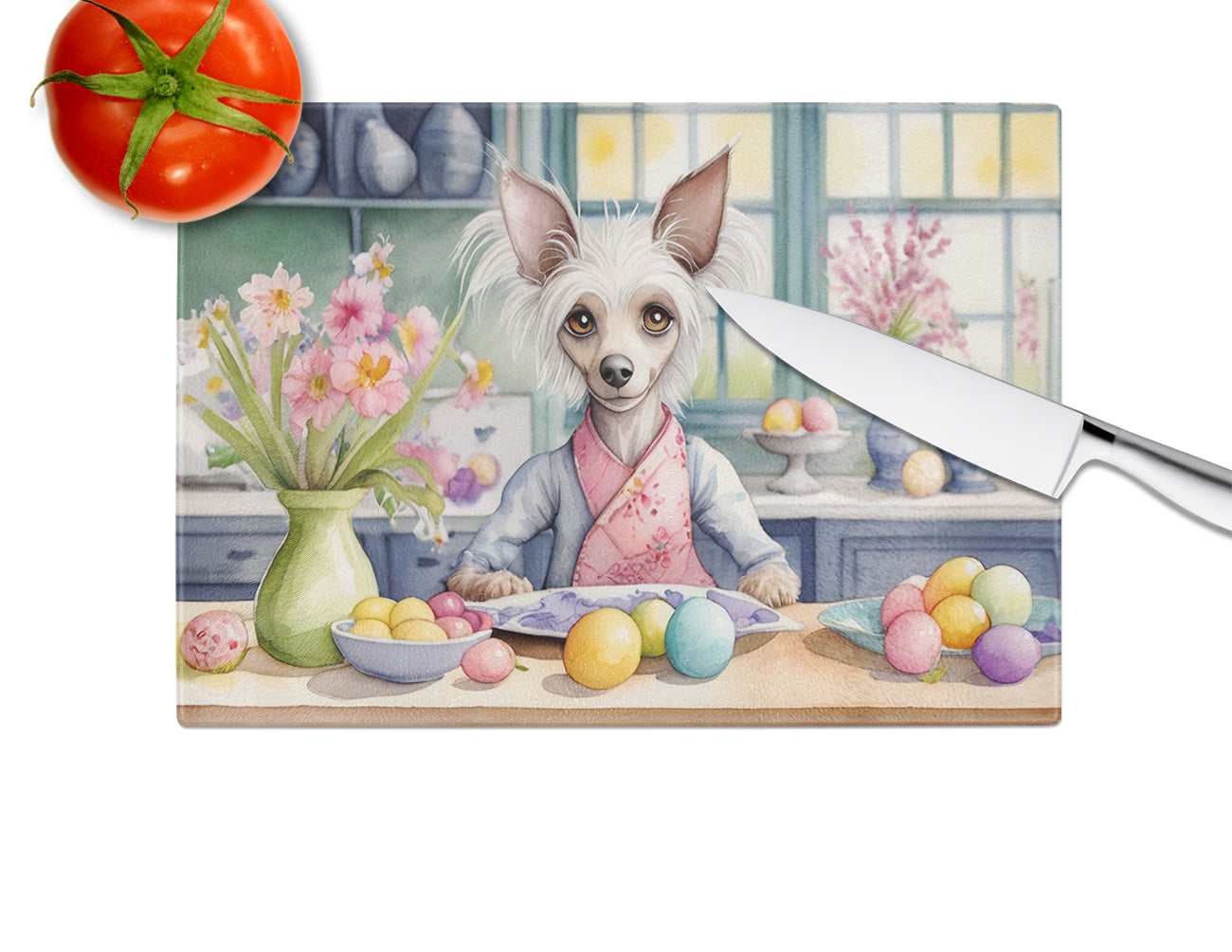 Decorating Easter Chinese Crested Glass Cutting Board