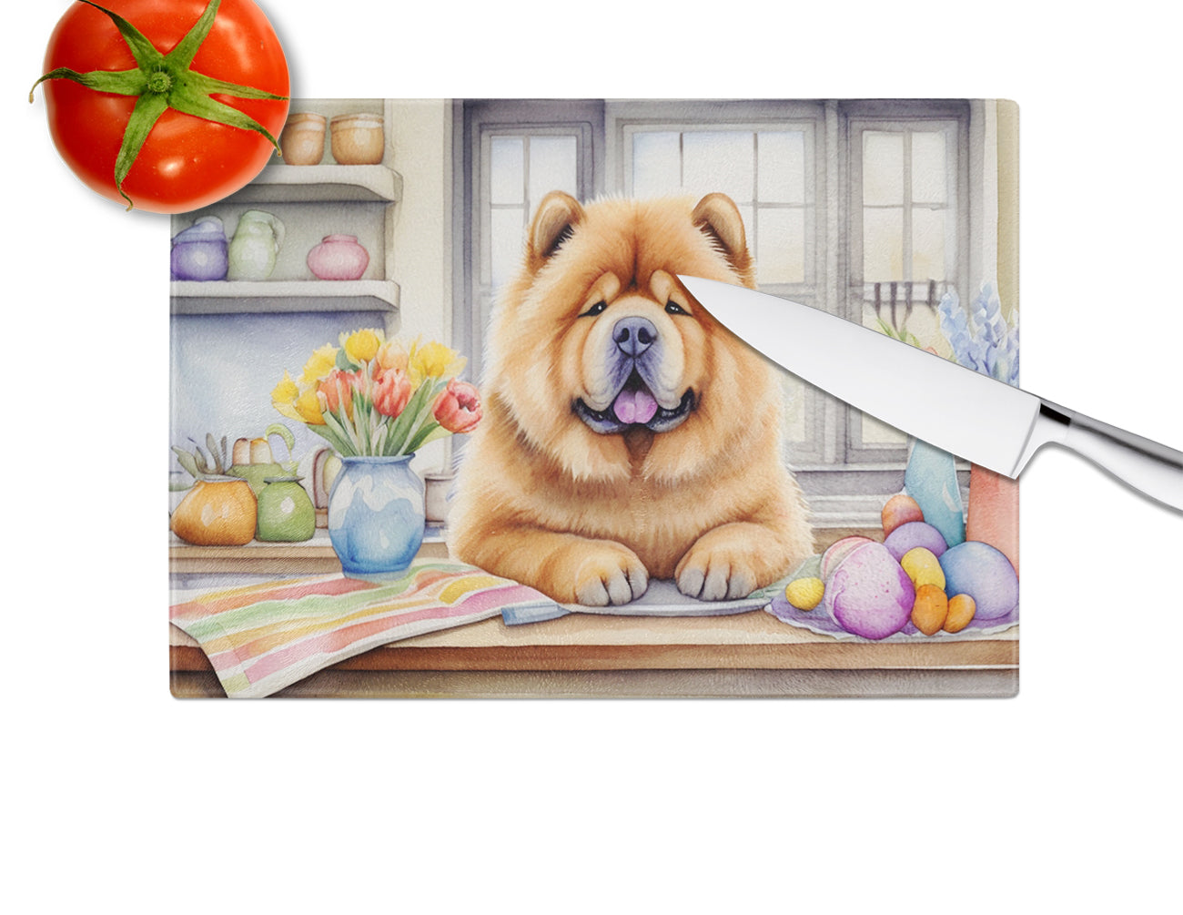 Decorating Easter Chow Chow Glass Cutting Board