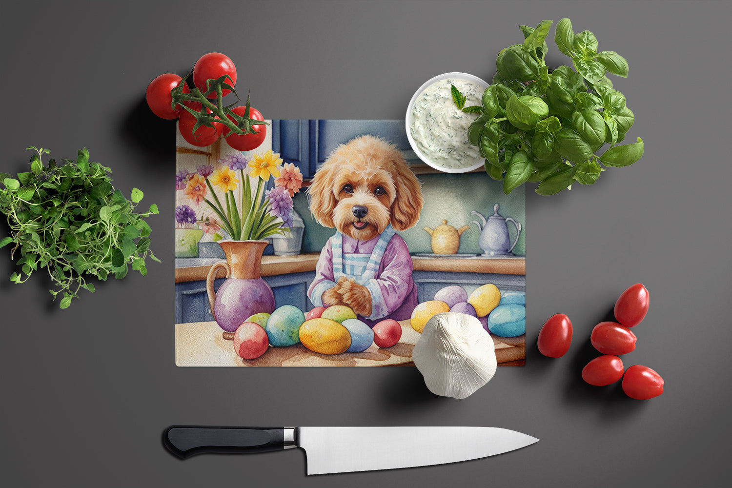 Decorating Easter Cockapoo Glass Cutting Board