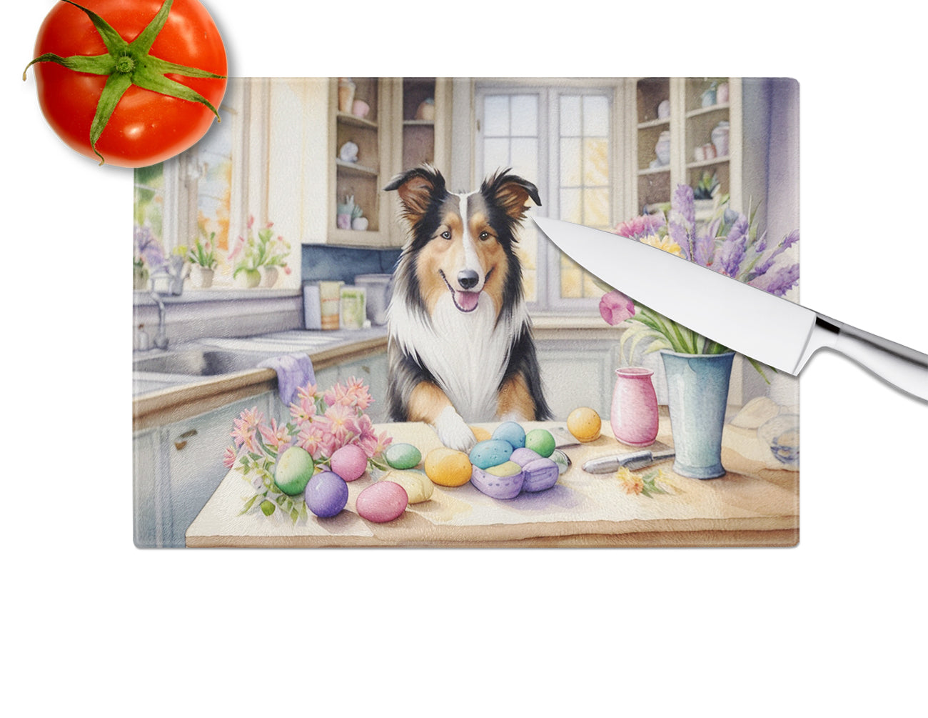 Decorating Easter Collie Glass Cutting Board