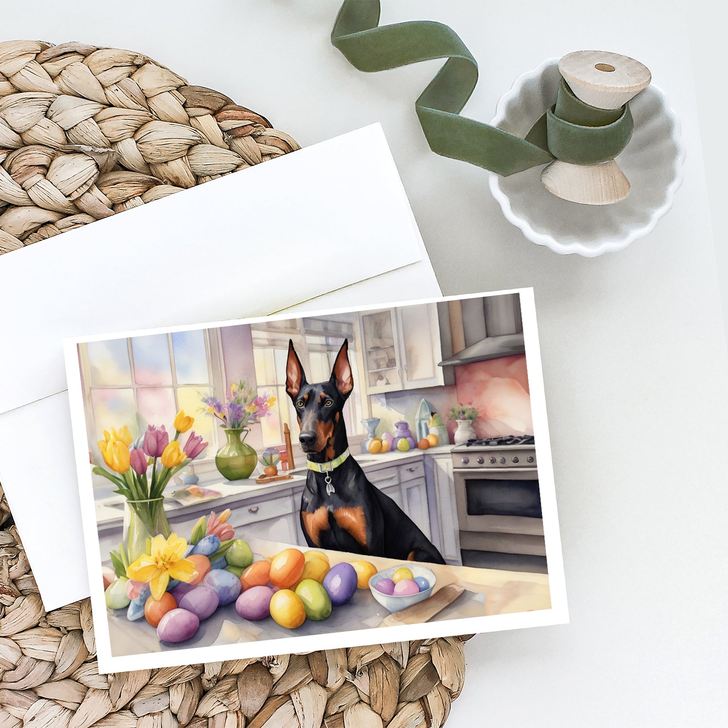 Decorating Easter Doberman Pinscher Greeting Cards Pack of 8