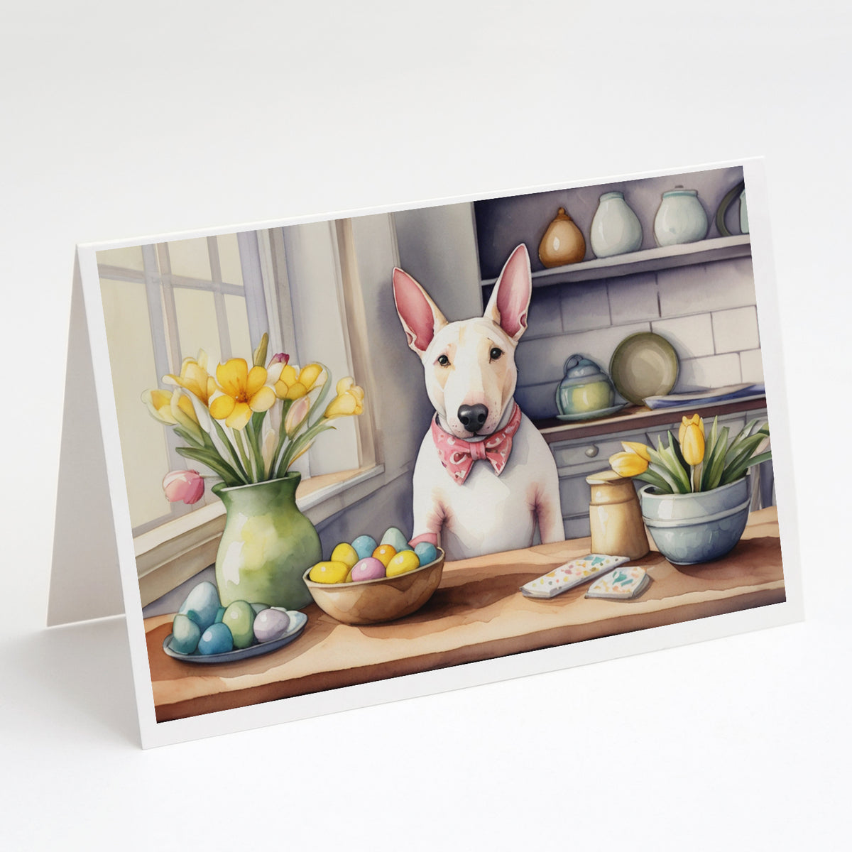 Buy this Decorating Easter English Bull Terrier Greeting Cards Pack of 8