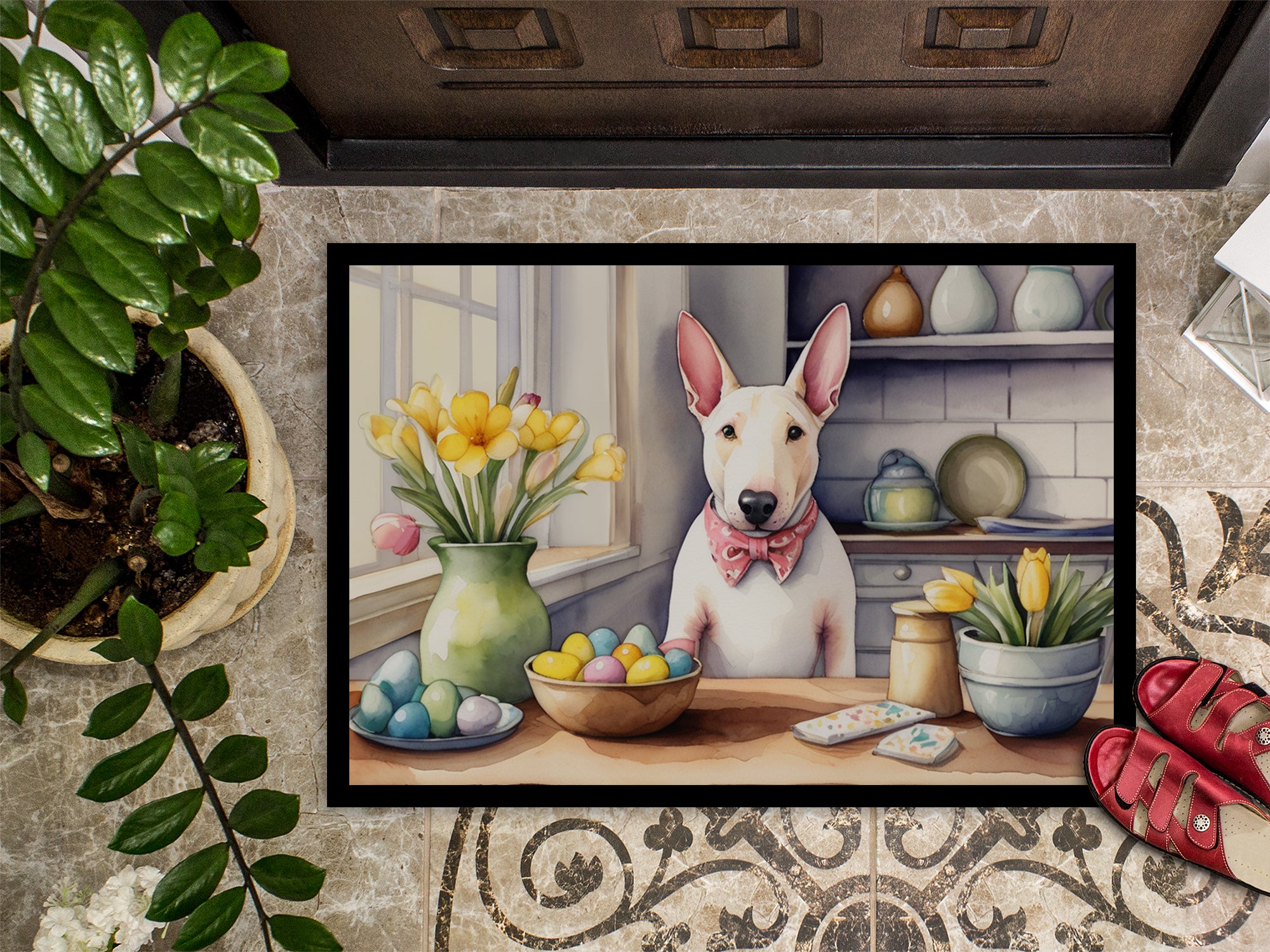 Decorating Easter English Bull Terrier Doormat