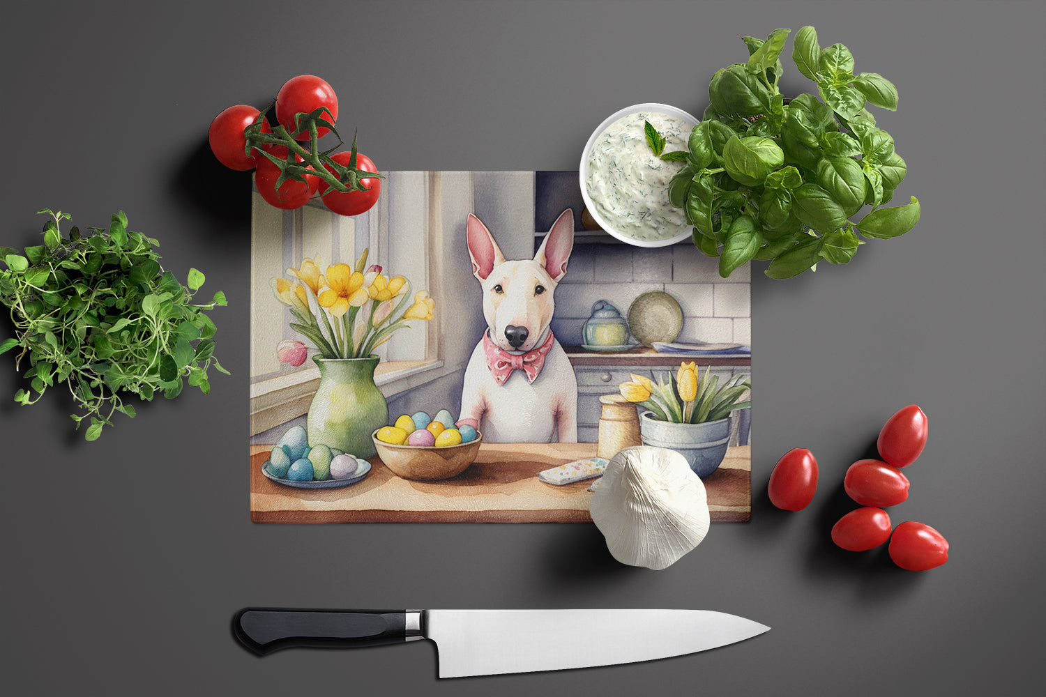 Decorating Easter English Bull Terrier Glass Cutting Board