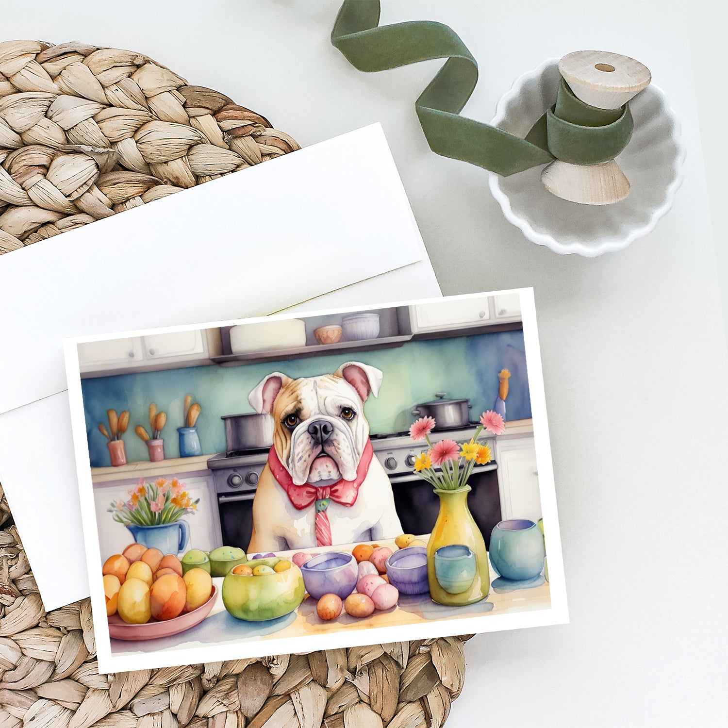 Decorating Easter English Bulldog Greeting Cards Pack of 8