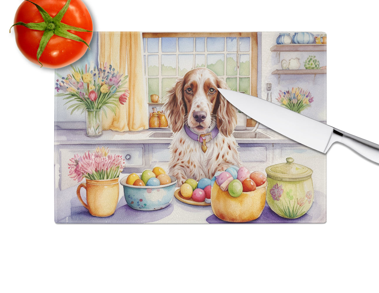 Decorating Easter English Setter Glass Cutting Board