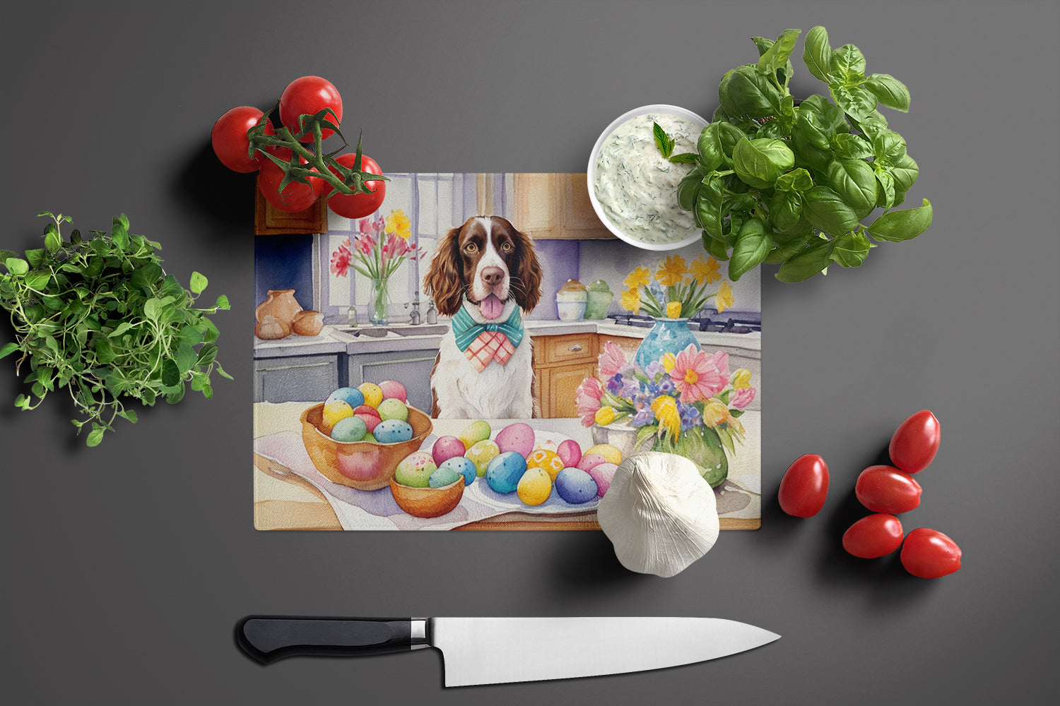 Decorating Easter English Springer Spaniel Glass Cutting Board
