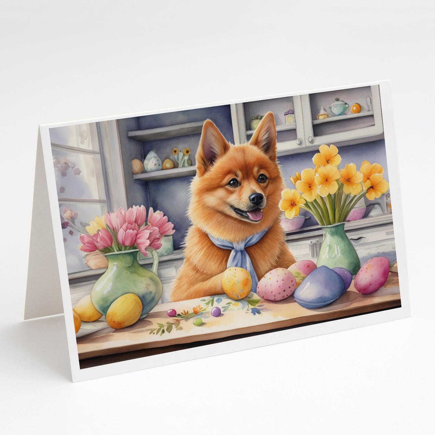 Buy this Decorating Easter Finnish Spitz Greeting Cards Pack of 8