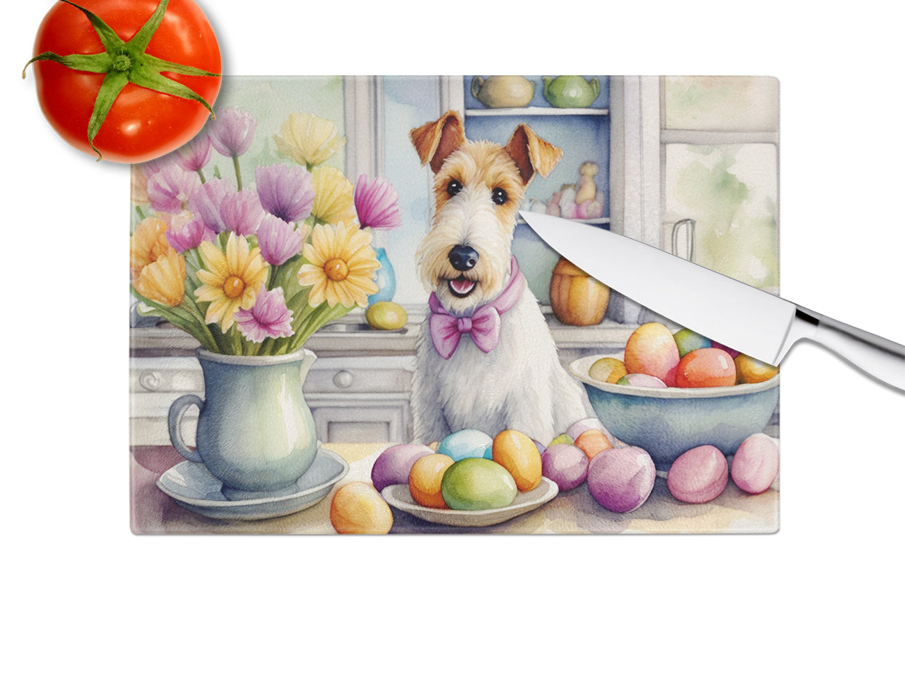Decorating Easter Fox Terrier Glass Cutting Board