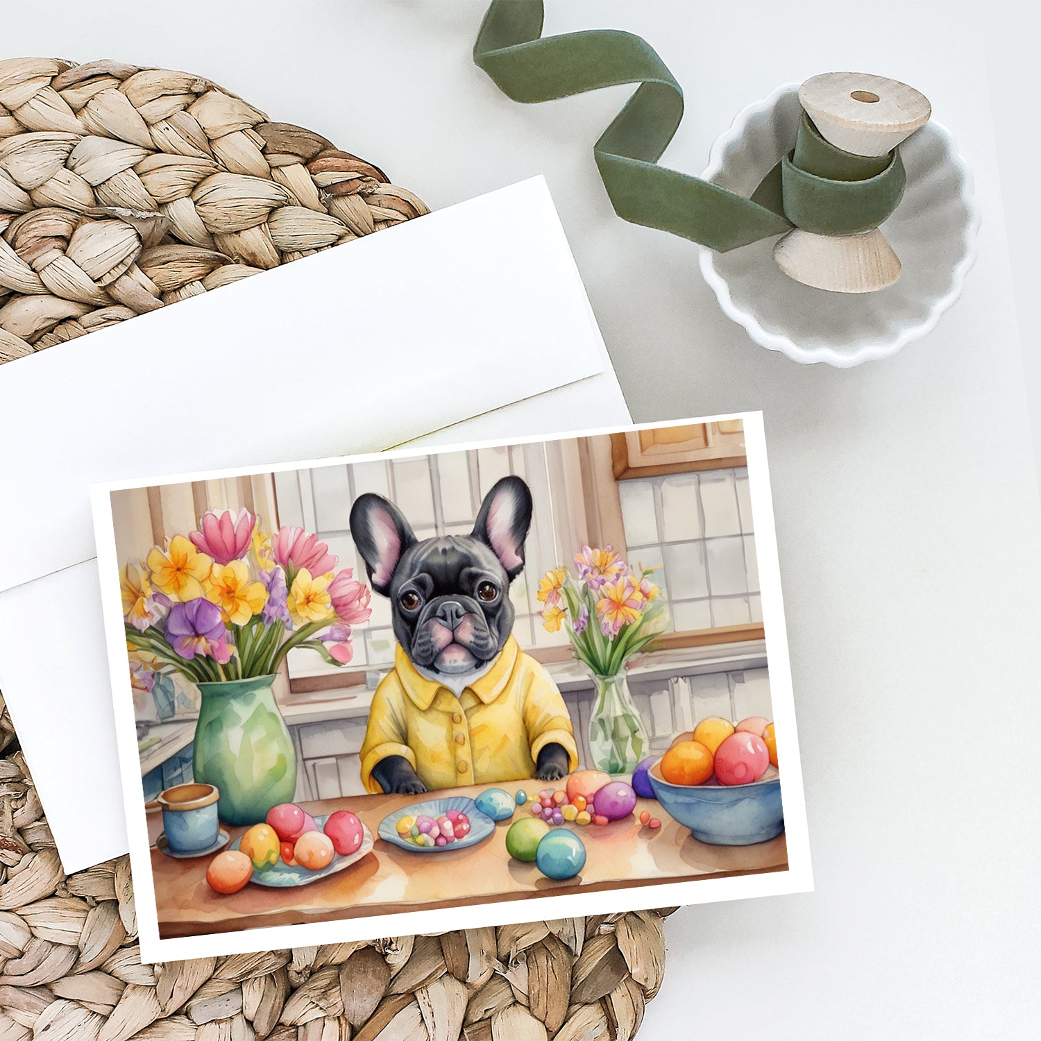 Decorating Easter French Bulldog Greeting Cards Pack of 8