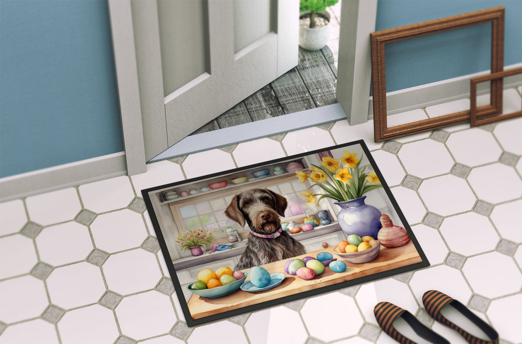 Decorating Easter German Wirehaired Pointer Doormat