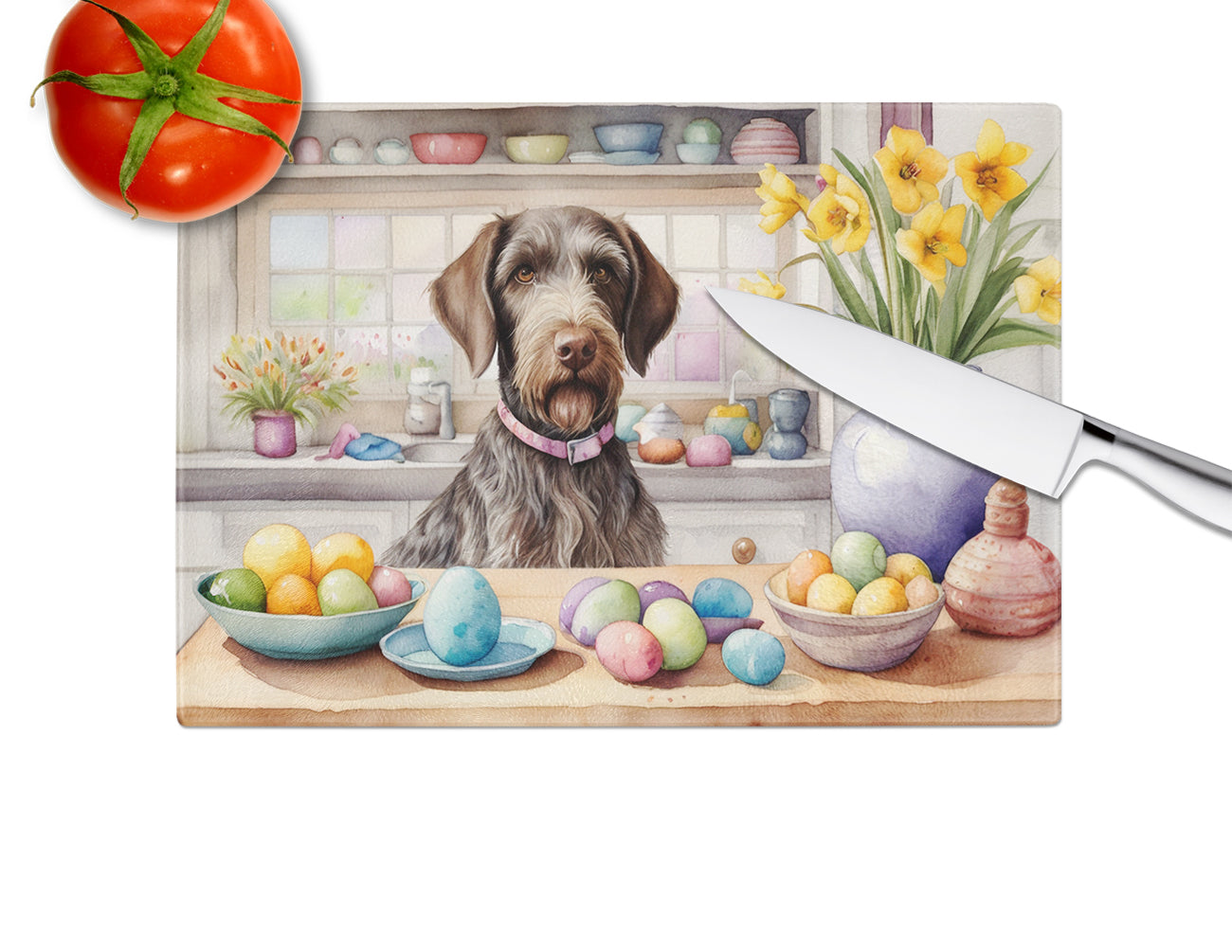 Decorating Easter German Wirehaired Pointer Glass Cutting Board