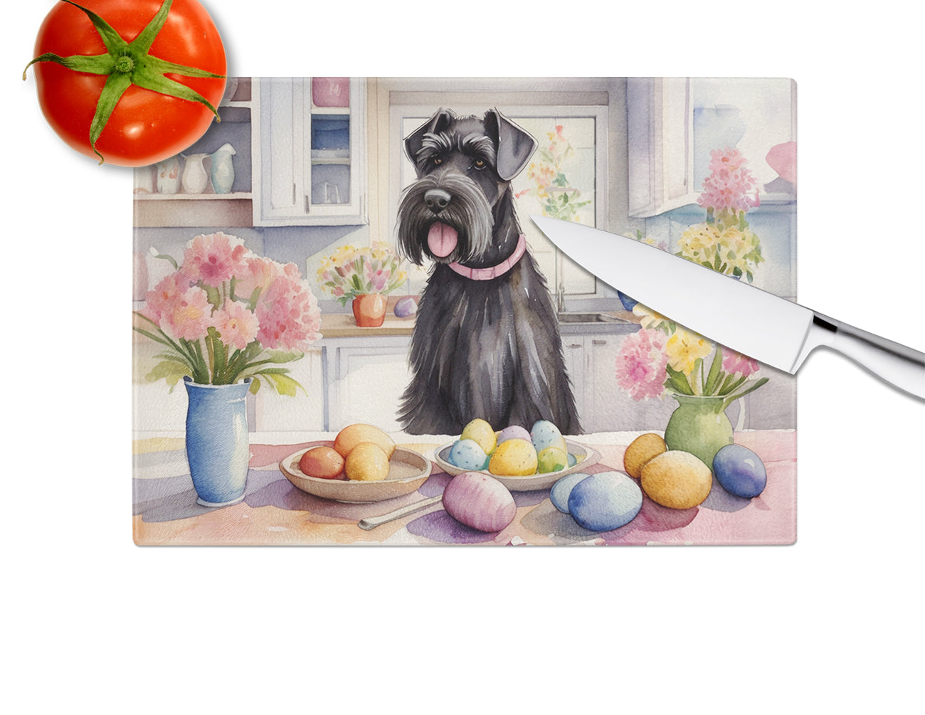 Decorating Easter Giant Schnauzer Glass Cutting Board