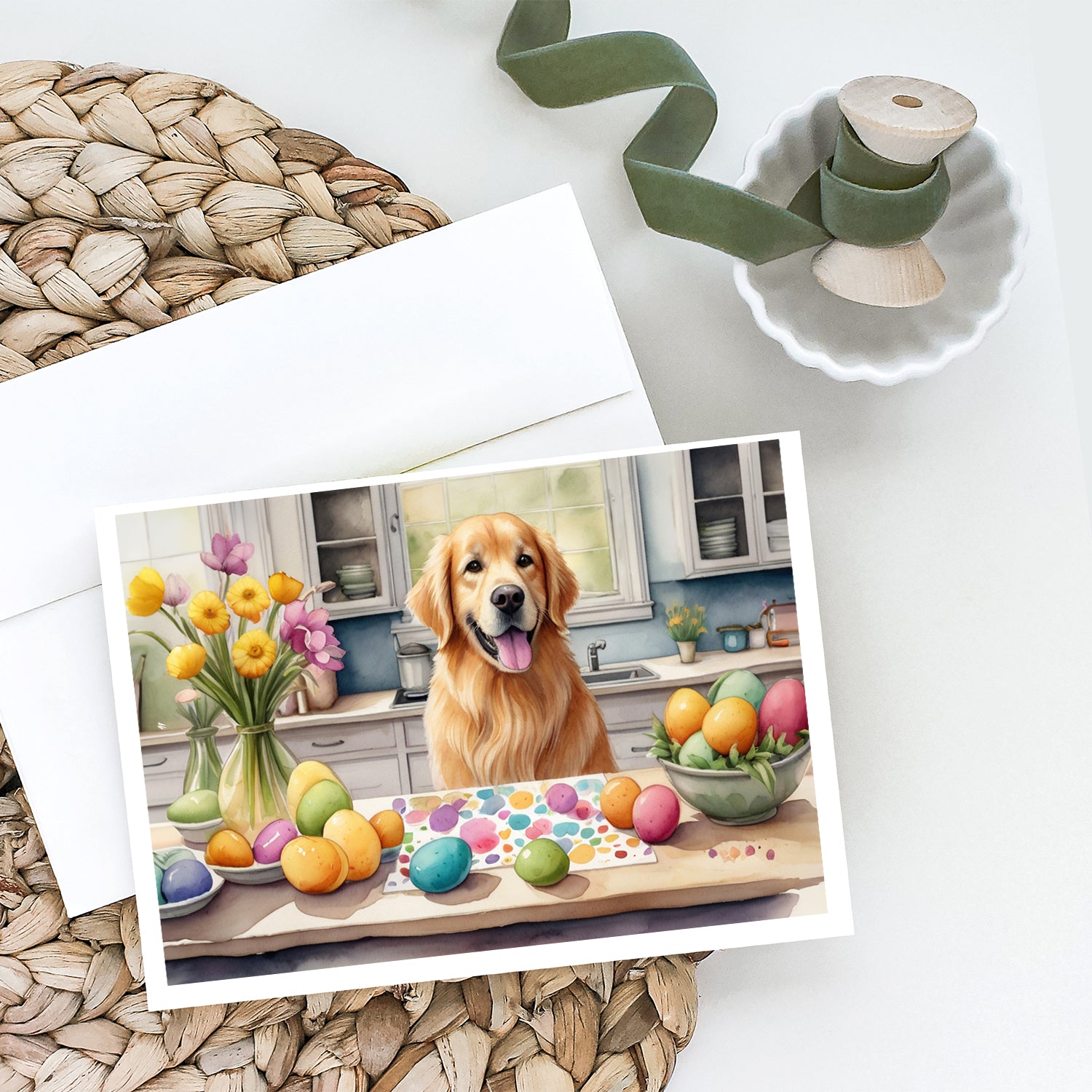 Decorating Easter Golden Retriever Greeting Cards Pack of 8