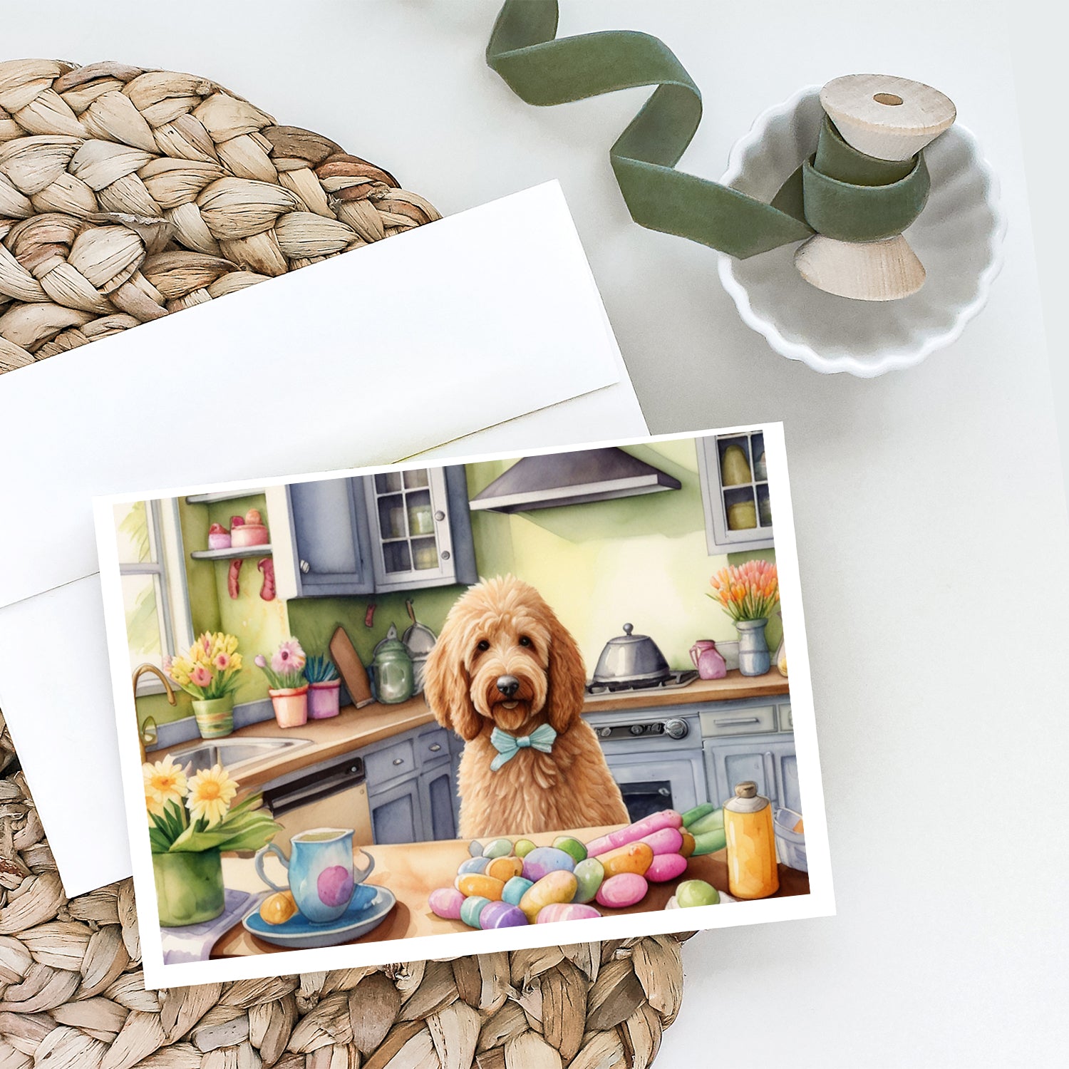 Decorating Easter Goldendoodle Greeting Cards Pack of 8