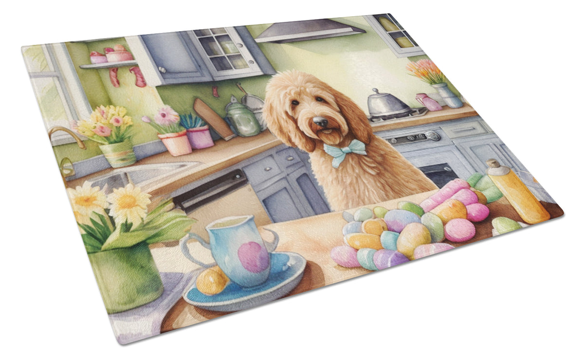 Buy this Decorating Easter Goldendoodle Glass Cutting Board