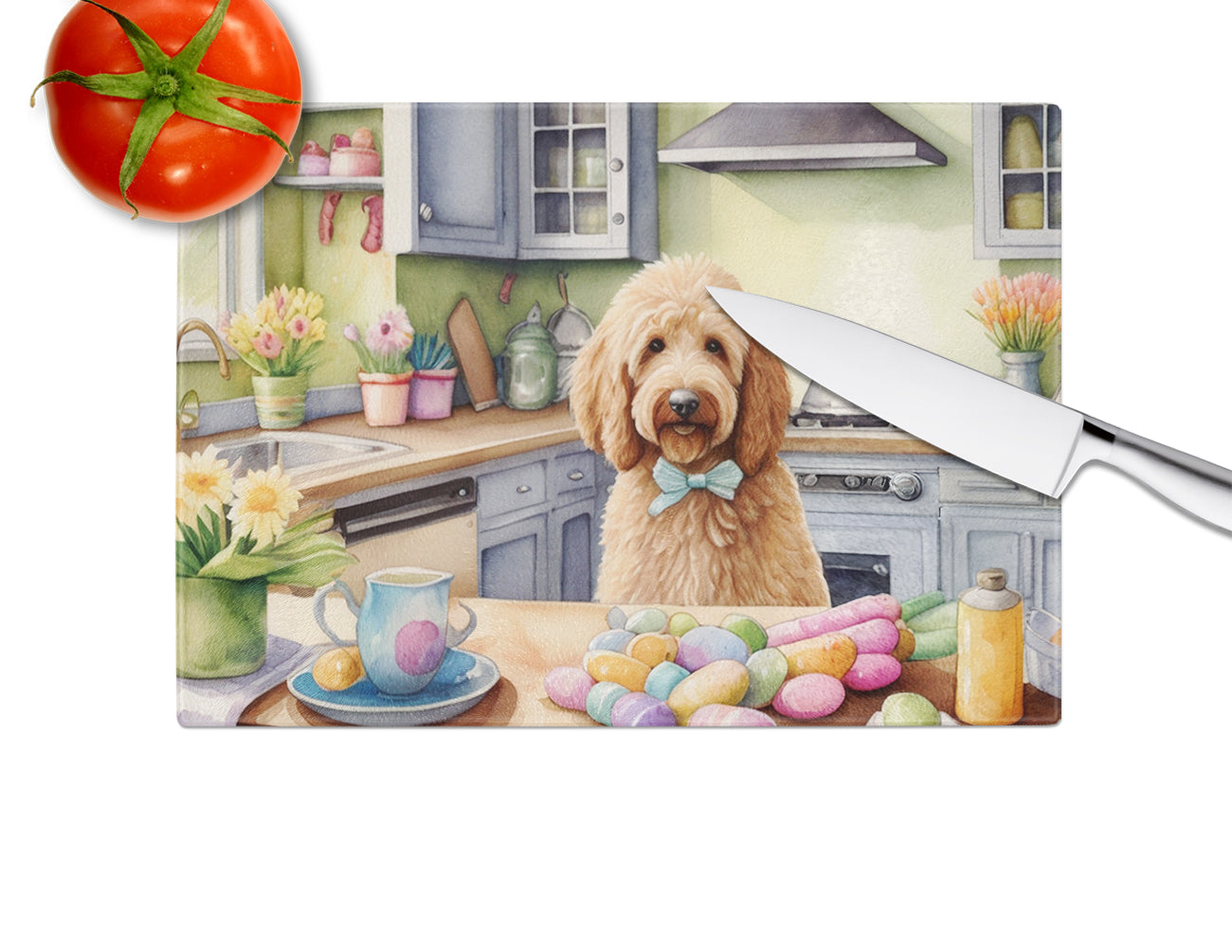 Decorating Easter Goldendoodle Glass Cutting Board