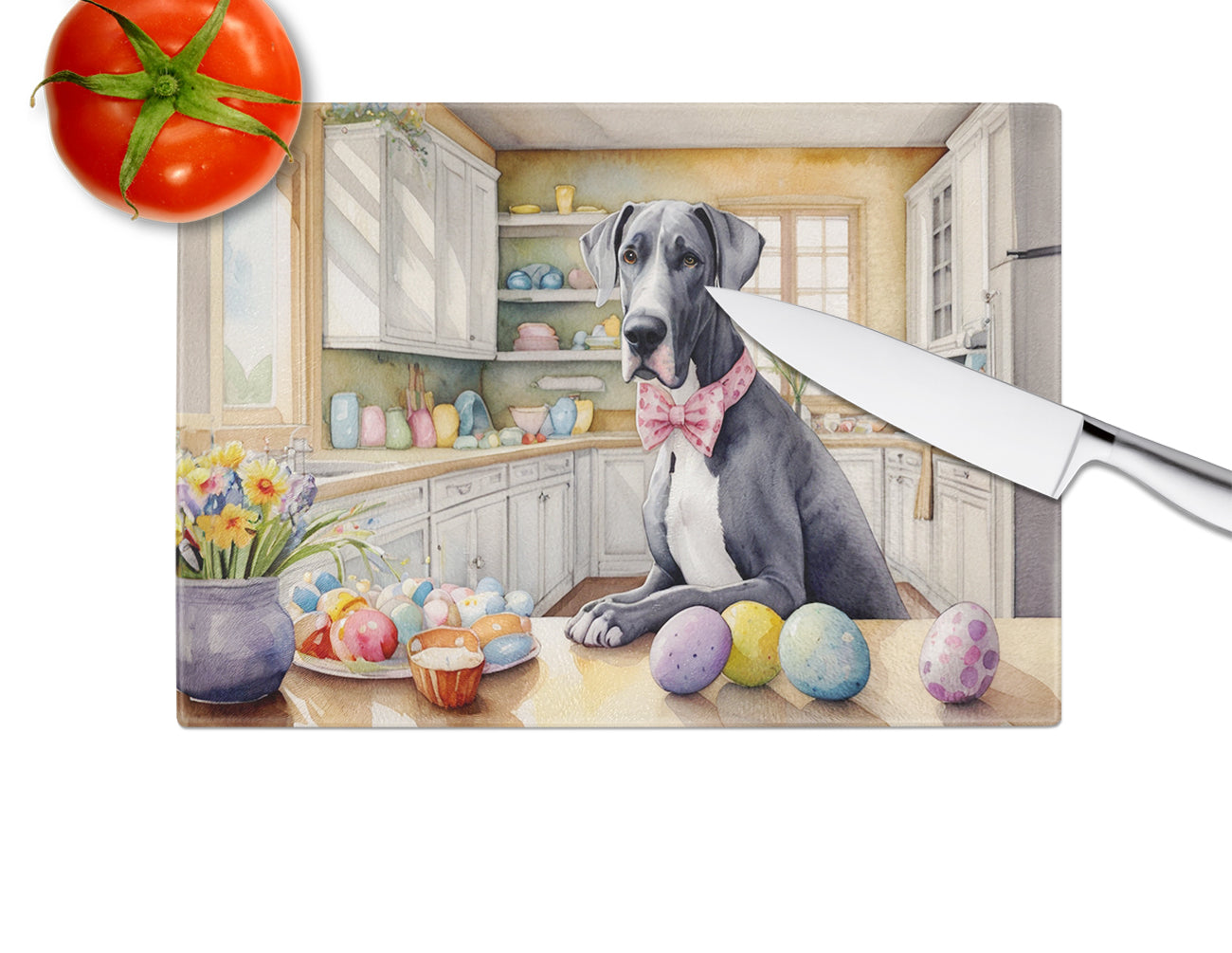 Decorating Easter Great Dane Glass Cutting Board